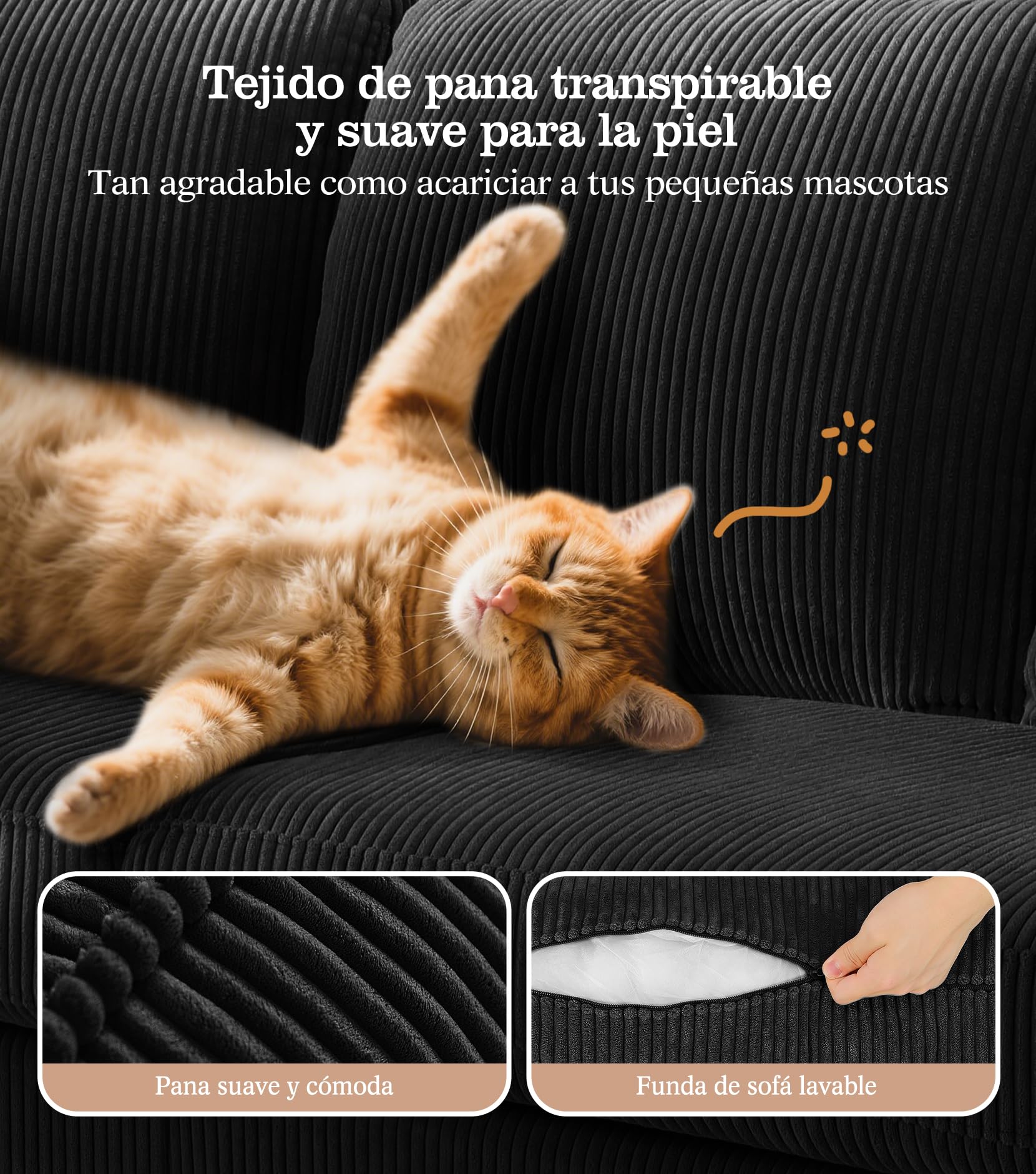 Kidirect Sofá de Pana de 3 plazas, 221 cm cómodo sofá de 53 cm Asientos Extra Profundos, sofá de salón Montaje sin Herramientas sofá Grande con 2 Cojines, sofá Moderno para Oficina, Negro
