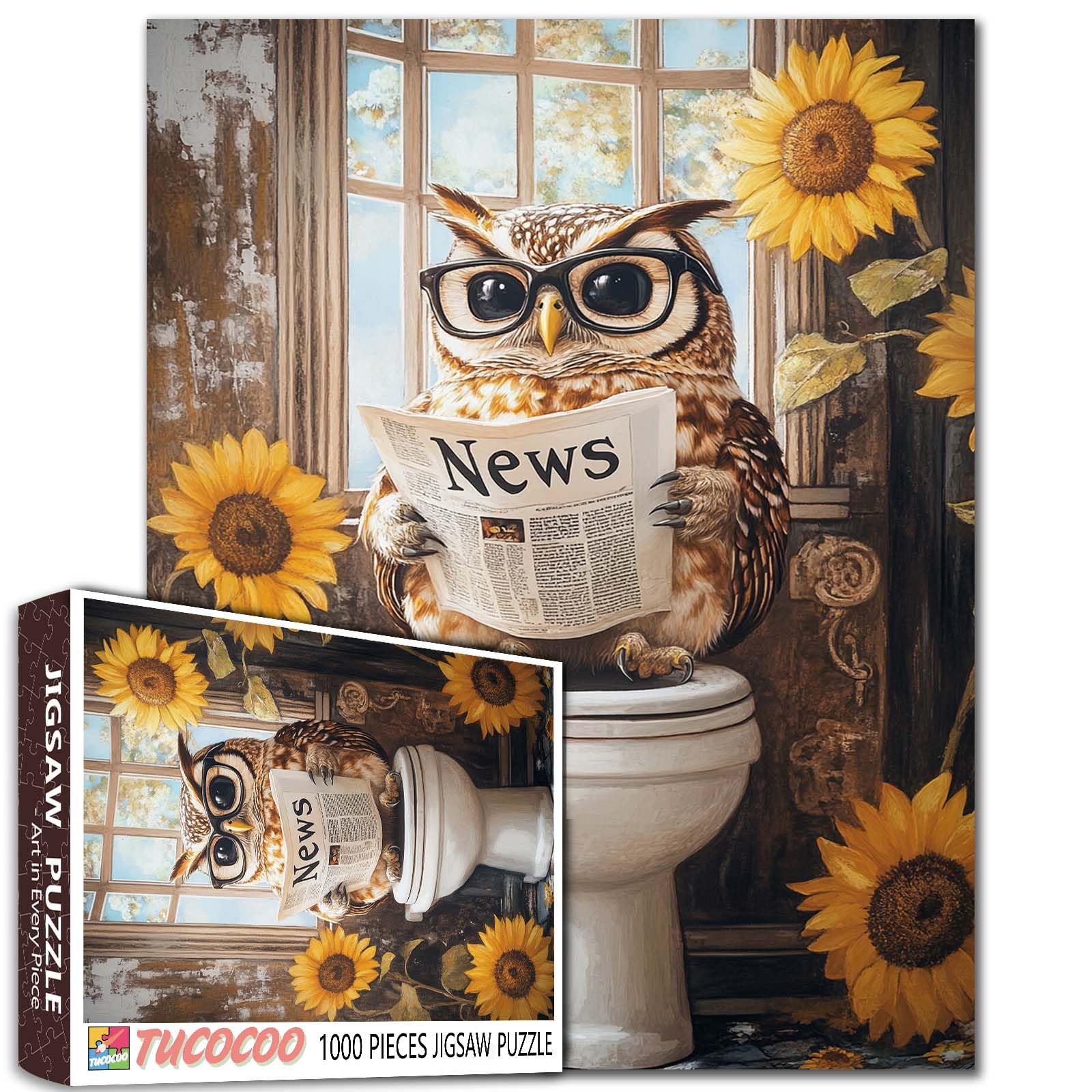 Tucocoo Funny Owl on Toilet Jigsaw Puzzle for Adults 1000 Piece, Cute Owl with Glasses Reading Newspaper and Sunflowers Puzzles, Family Games Challenging Puzzles, Rustic Bathroom Wall Art Puzzle Gift โ image 1