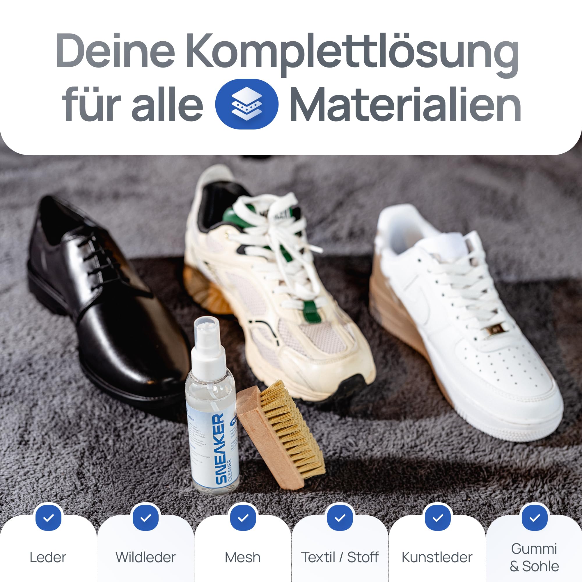 PRAXS® Sneaker Cleaner Premium Set 125 ml – Schuhreiniger & Sneaker Reiniger für weiße Schuhe, Wildleder, Nubuk, Suede & Mesh | biologisch abbaubar | Wildleder Reiniger inkl. Bürste & Mikrofasertuch
