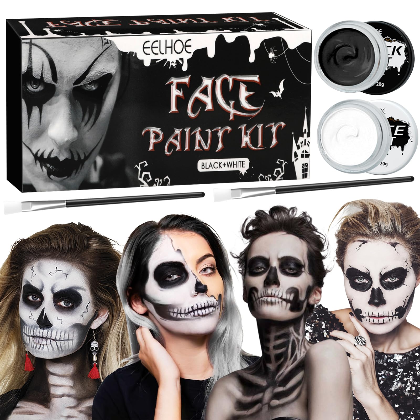 FAMKEEP Juego Maquillaje de Halloween,Maquillaje Halloween Blanco y Negro,Pintura Cara Halloween, Maquillaje Set Con 2 Pinceles para Cosplay de Vampiros y Fiestas de Halloween