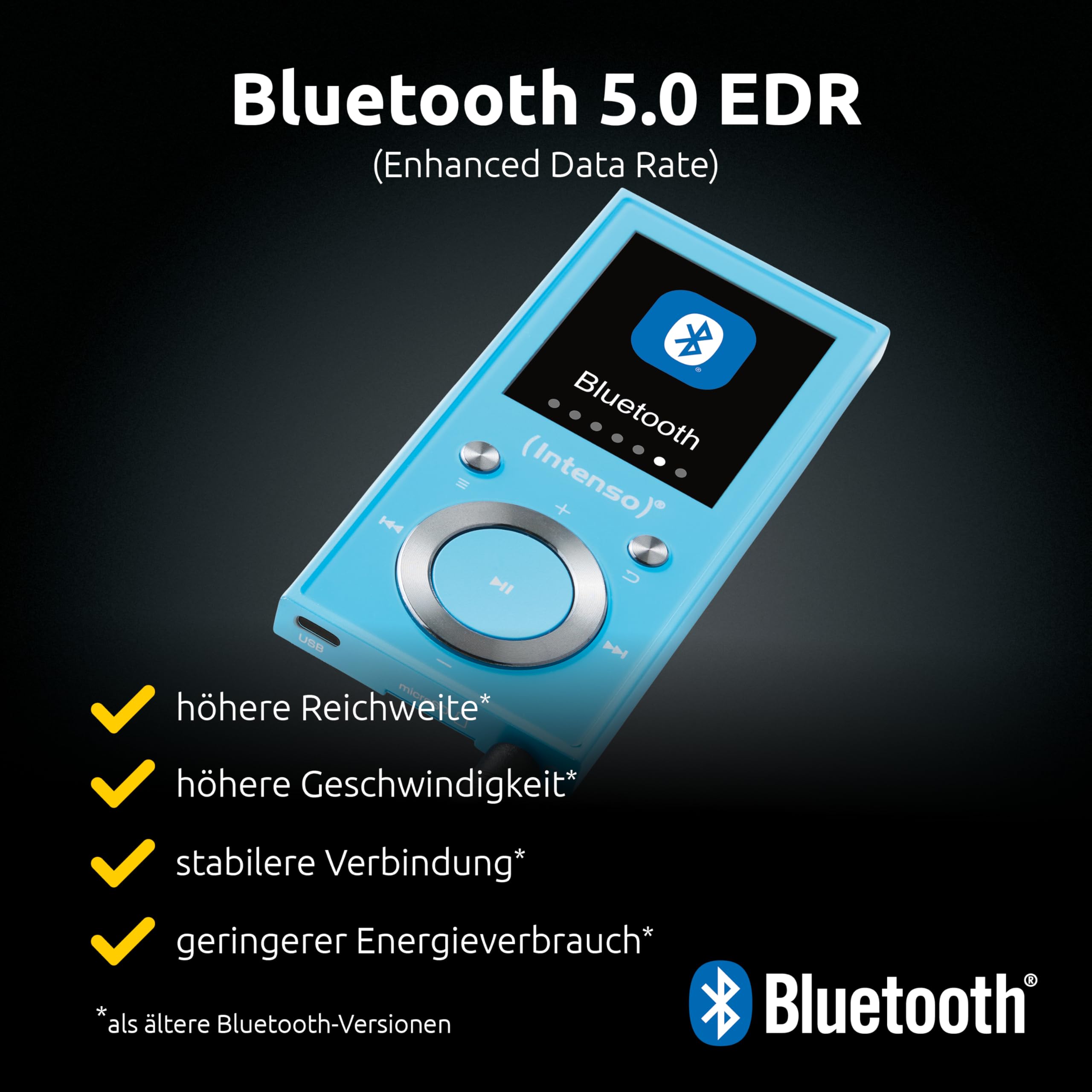 Intenso Video Scooter BT MP3 Player mit Bluetooth 5.0, 1,8 Zoll Farbdisplay, 64 GB microSD, USB-C, bis 18h Akku, inkl. Kopfhörer, blau