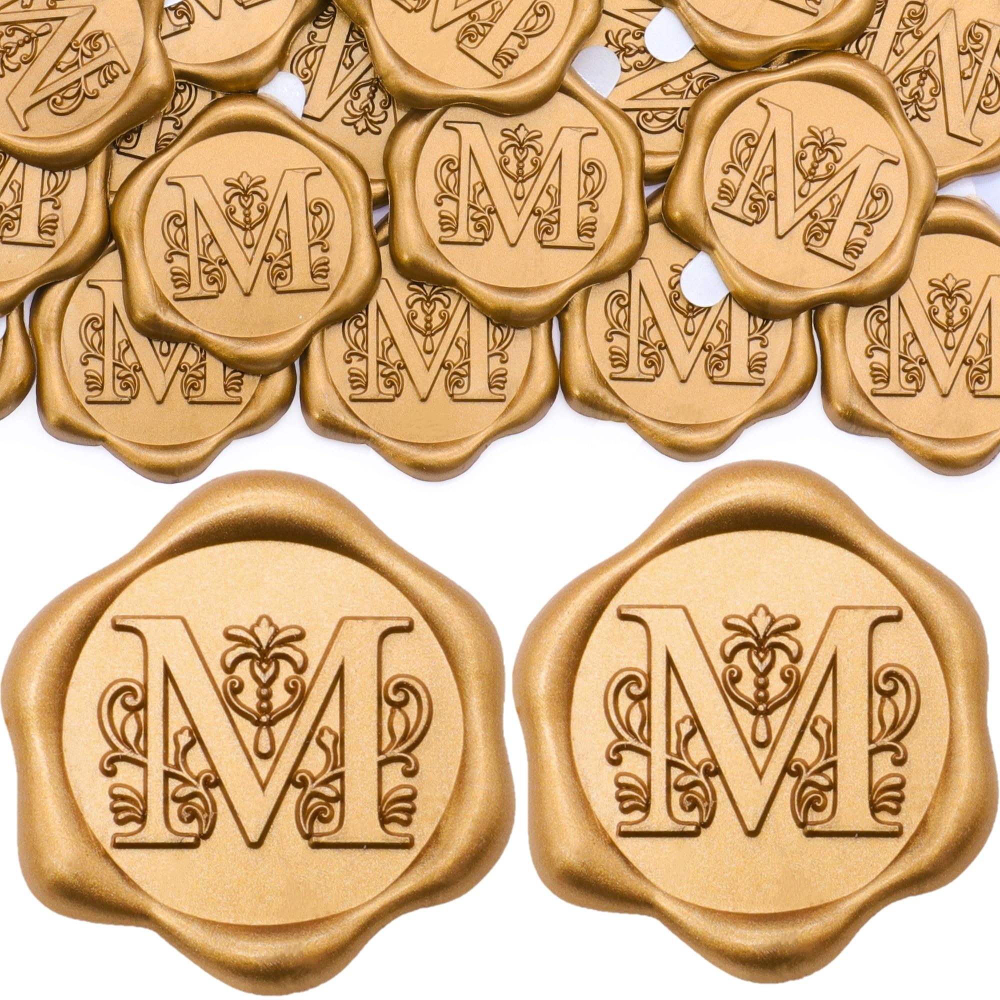 SWANGSA 50 Pack Letter M Wax Seal Stickers, Antique Gold Initial Alphabet Self-Adhesive, for Wedding Party Invitation Envelopes