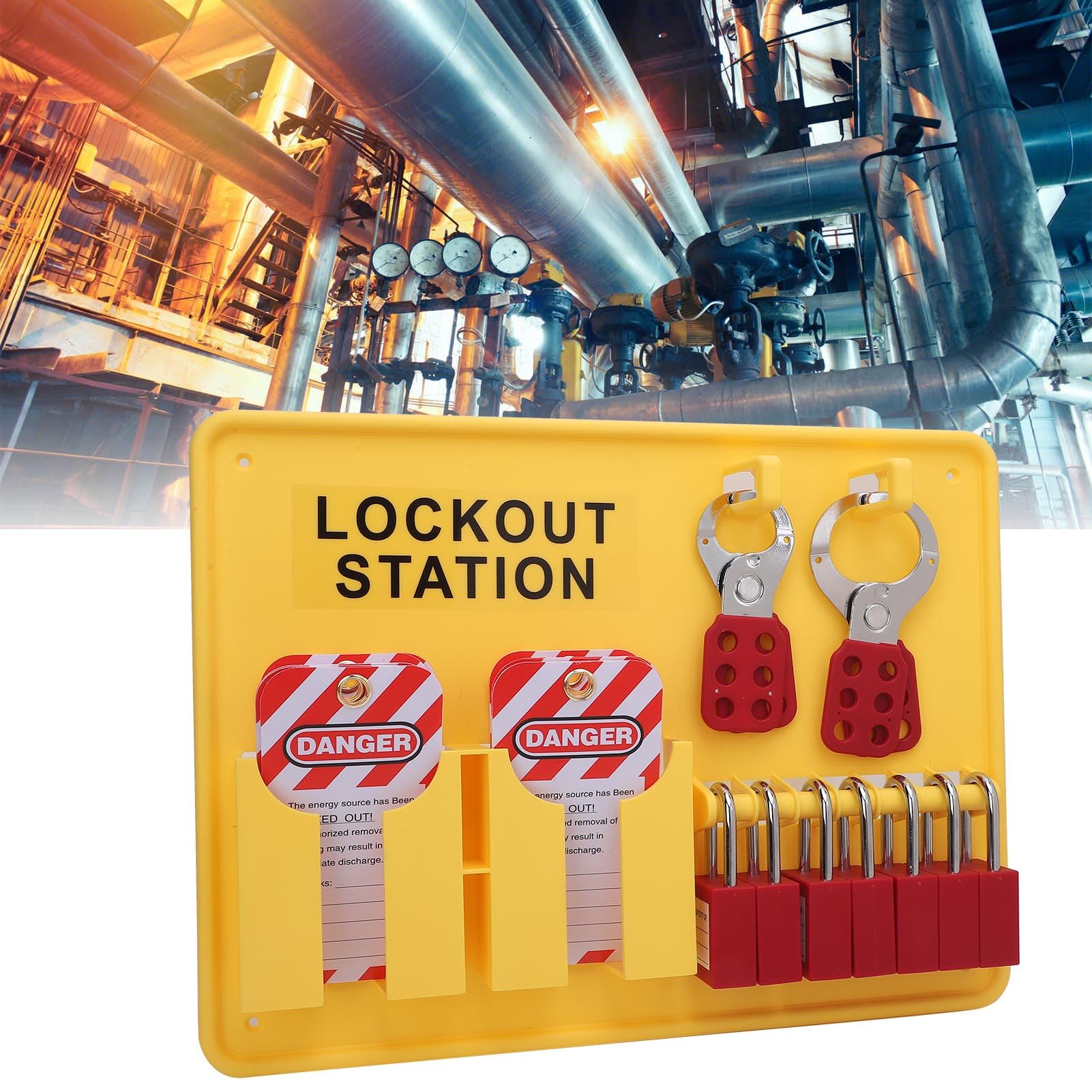 Lockout Tagout Station Kit di blocco di sicurezza industriale con 10 2 lucchetti Haspp per manutenzione meccanica e centrali elettriche, PC, giallo, 15,15 x 11,41 pollici
