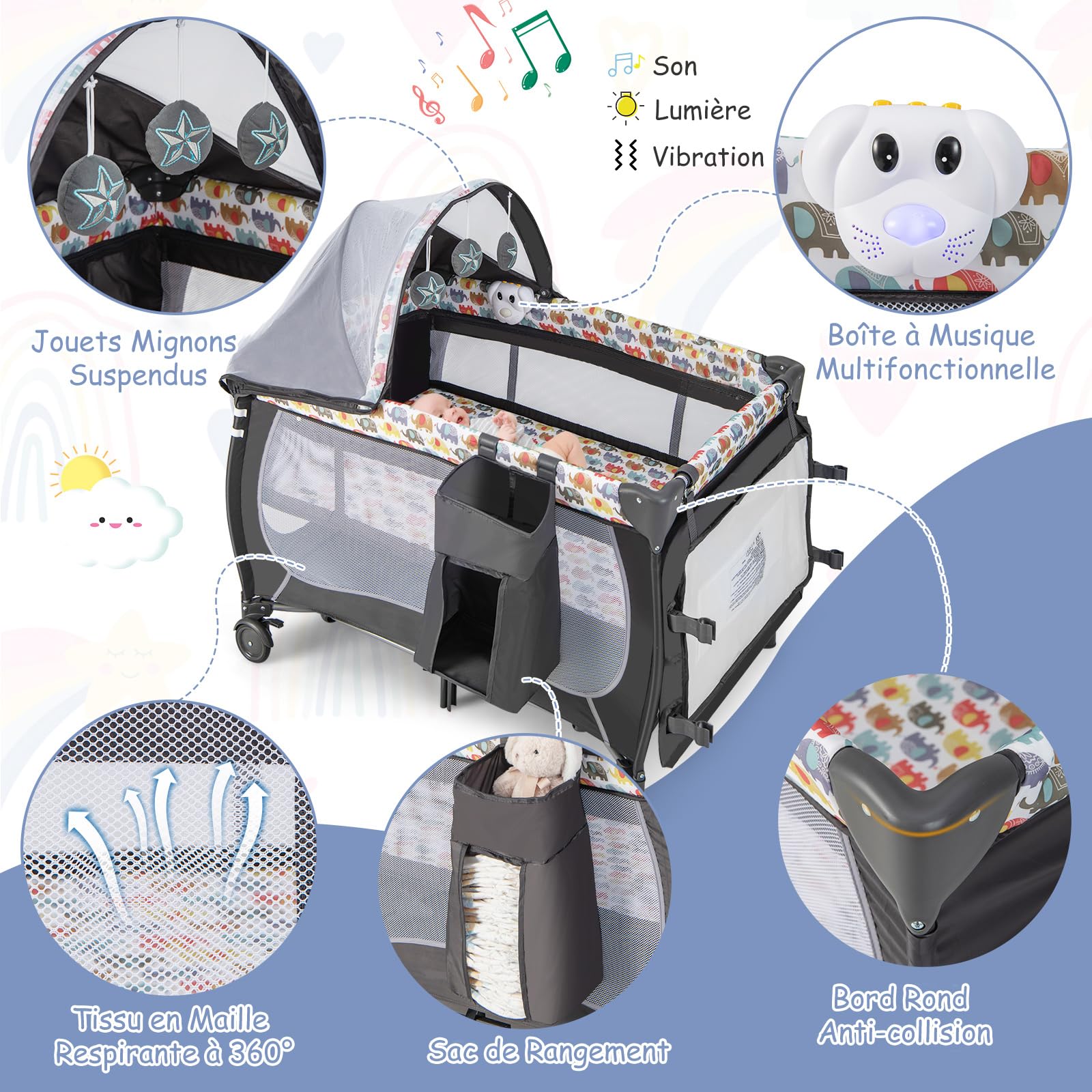 COSTWAY 5 en 1 Lit Parapluie Bébé avec Matelas & Moustiquaire, Lit Bébé Evolutif avec Table à Langer, 3 Jouets Mignons & Boîte à Musique, Sac de Transport, Charge 9kg pour 0-36 Mois