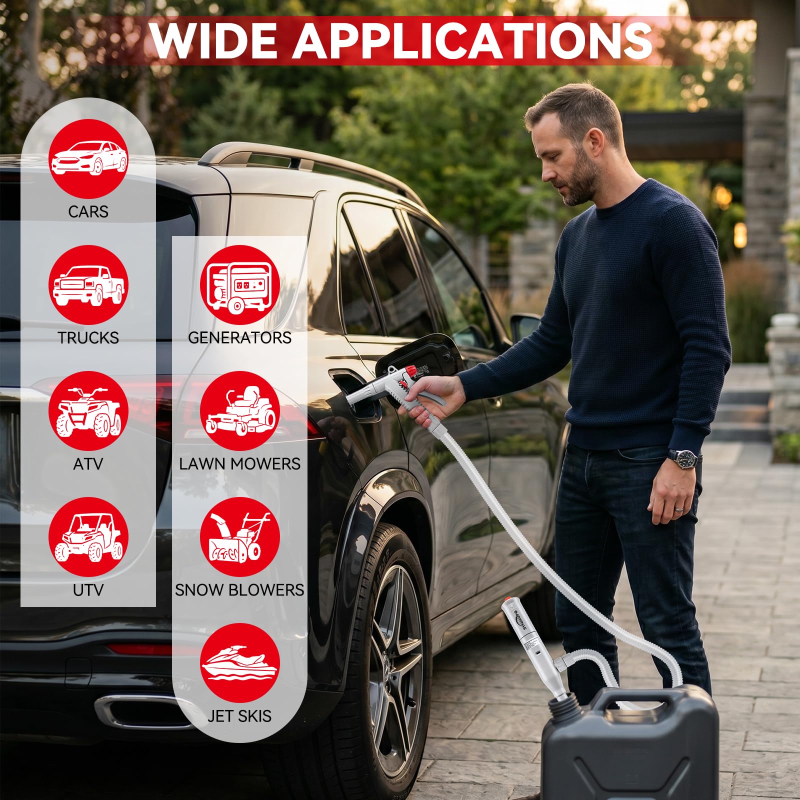Pompa Elettrica per Carburante con Ugello manuale,12 L/Min | 3,2 GPM,ADoppia Alimentazione USB-C/AA,Ingresso Olio da 28 mm,Cavo di ricarica USB,Pieghevole,Tubo da 130 cm,Regolazione