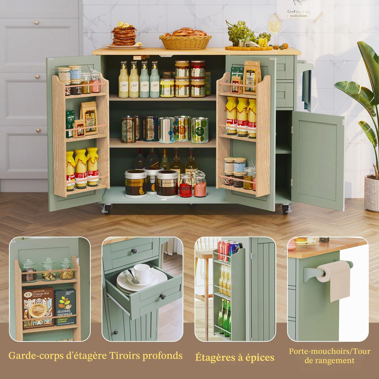 HOLTICO Îlot Central de Cuisine Mobile avec Plan de Travail Pliable, Desserte de Cuisine à roulettes avec Rangement à Épices, 2 Tiroirs et Étagères Réglables, Meuble de Cuisine, 128x46x91 cm, Vert