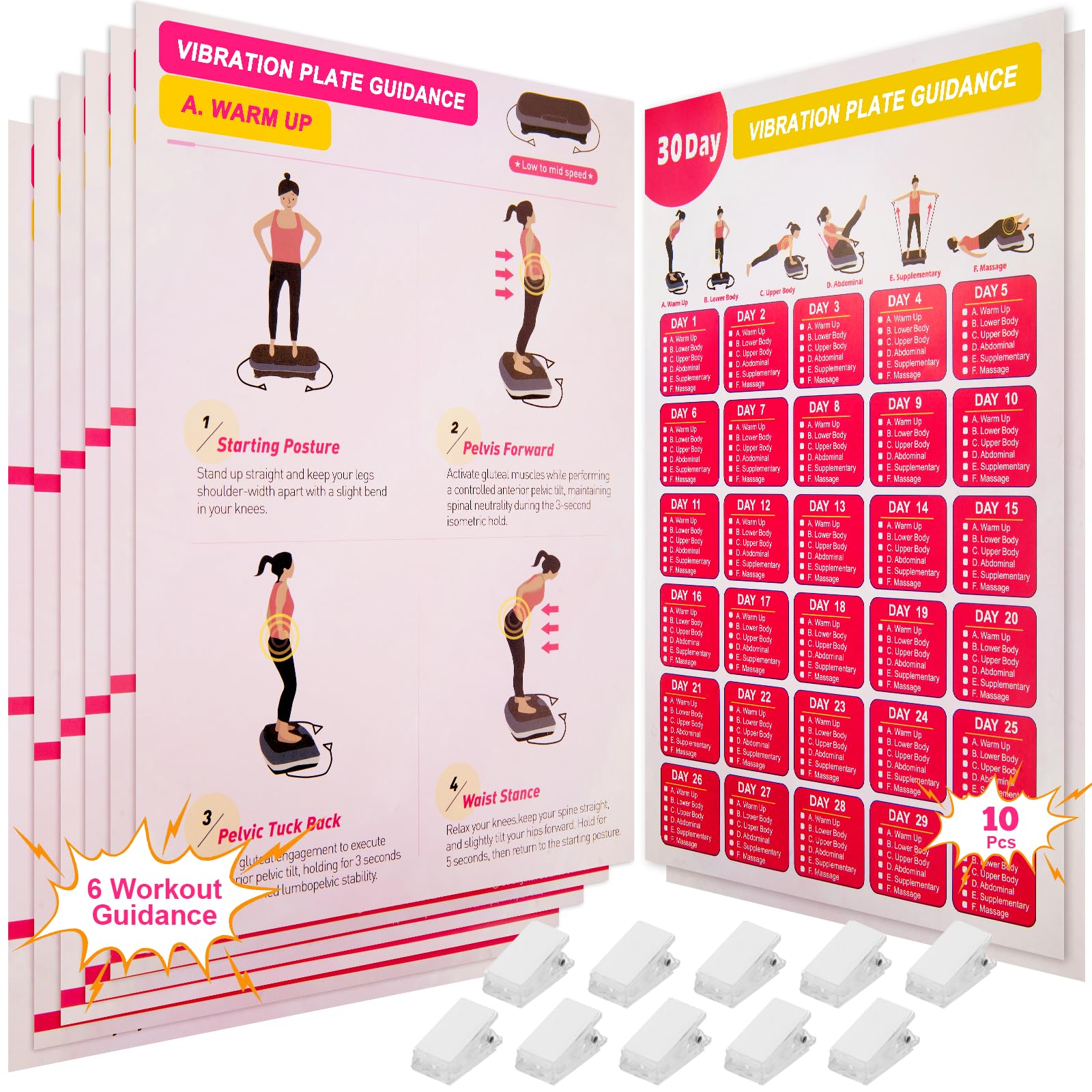 Vibration Plate Exercise Poster - Upgraded 6 Workout Guides & 10 Pieces Planner and 10 Double Sided Clips, Comprehensive Vibrating Workout Chart for the Whole Body (Pink)-picture-15
