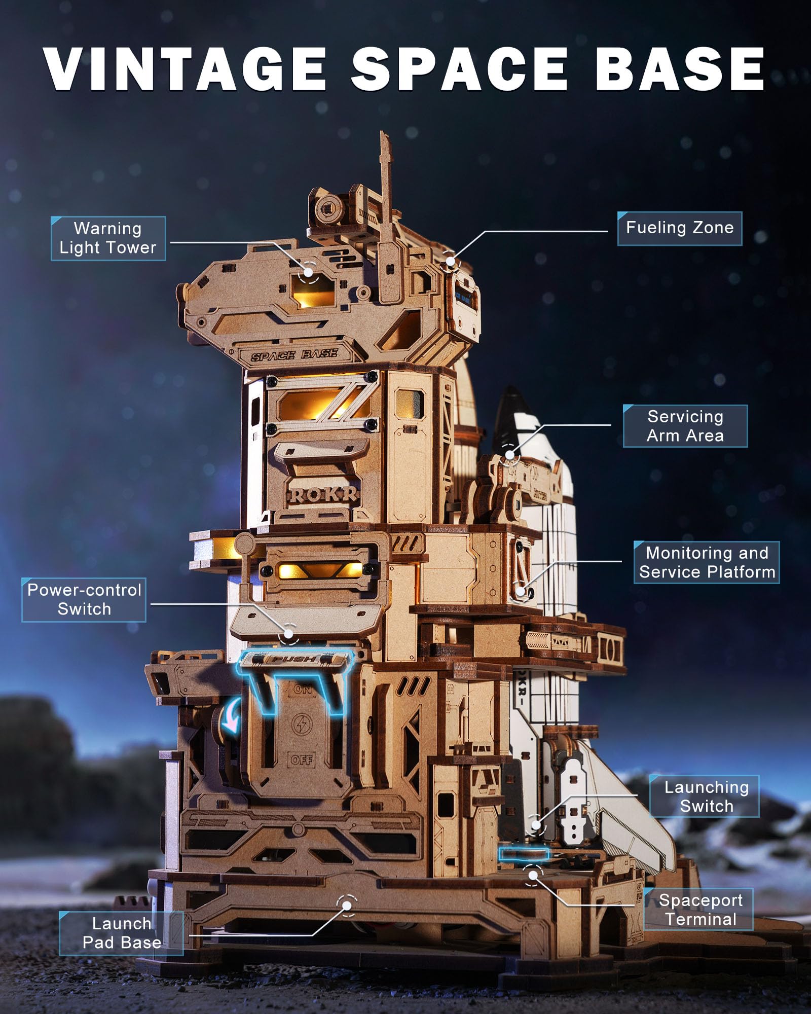 ROKR 3D Wooden Puzzle Space Shuttle Model Kits For Adults To Build STEM Toy Gift LKA02, White With Black and Grey Details - Image 4