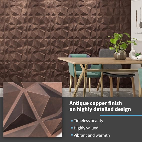 Art3d Textures 3D Wall Panels Diamond Design, 32 Sq.Ft PVC Interior Wall Decor for Living Room, Bathroom, Kitchen, Pack of 12 Tiles, 19.7 x 19.7 Inch, Antique Copper