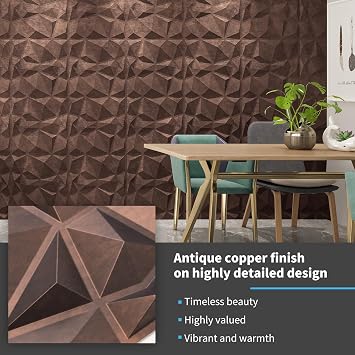 Art3d Textures 3D Wall Panels Diamond Design, 32 Sq.Ft PVC Interior Wall Decor for Living Room, Bathroom, Kitchen, Pack of 12 Tiles, 19.7 x 19.7 Inch, Antique Copper