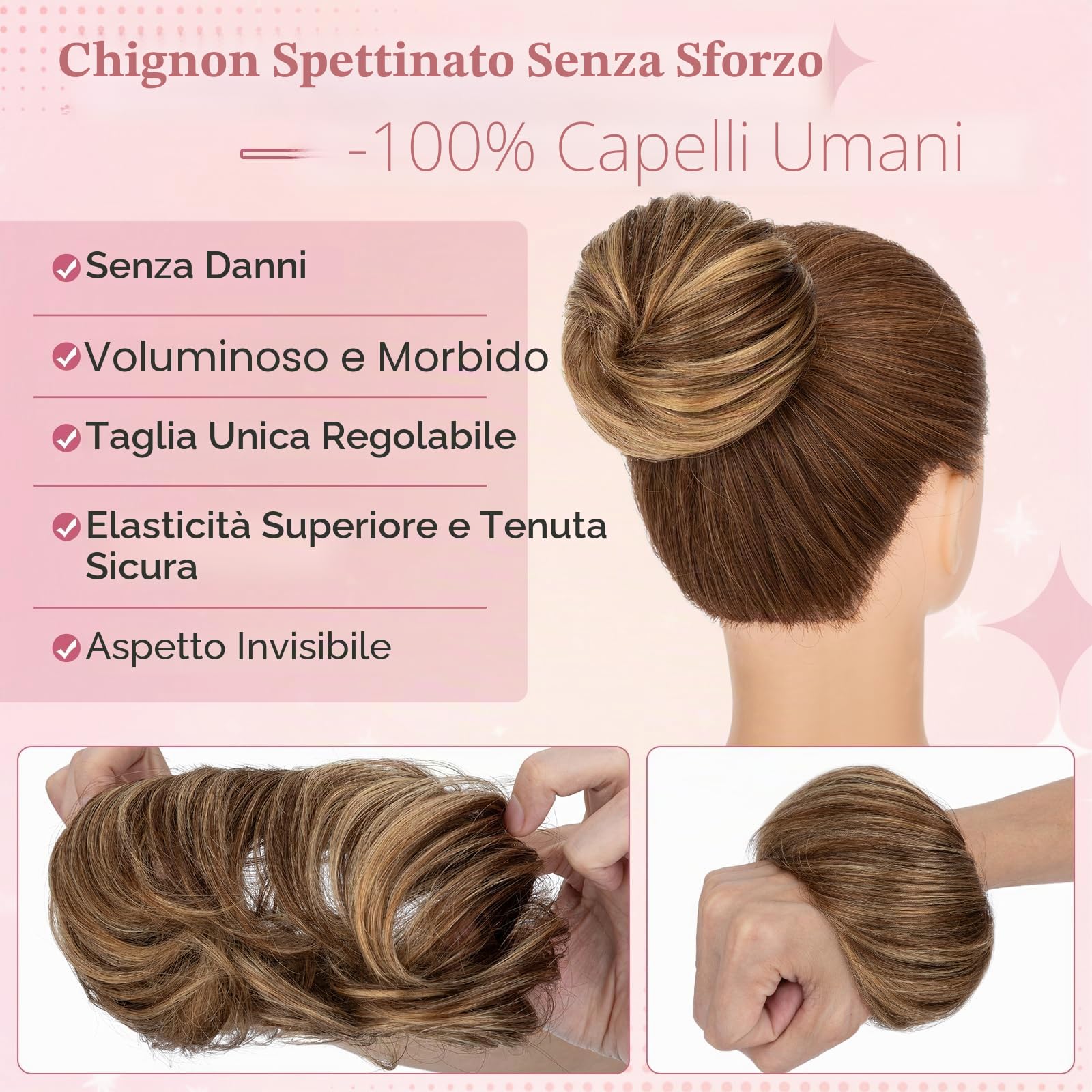 Capelli veri da 30 g, con elastico, chignon disordinato, per donne, lisci, elastici, chignon, chignon, marrone medio con accenti biondo scuro