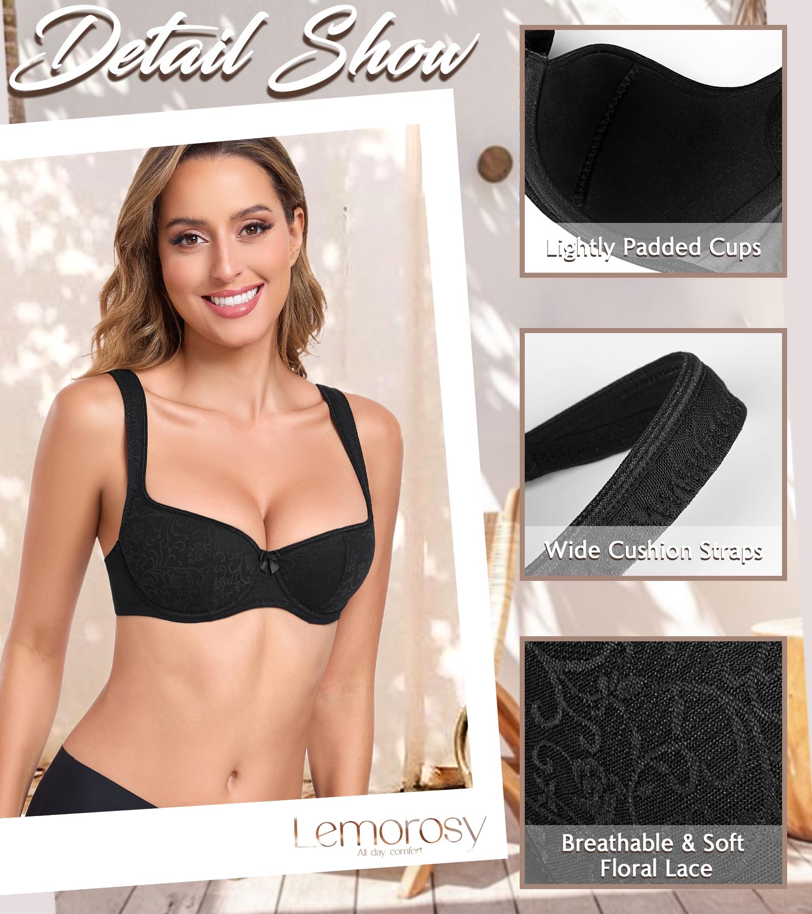 Lemorosy Reggiseno da donna push-up leggermente imbottito in pizzo mezza coppa con ferretto a taglio basso in rete