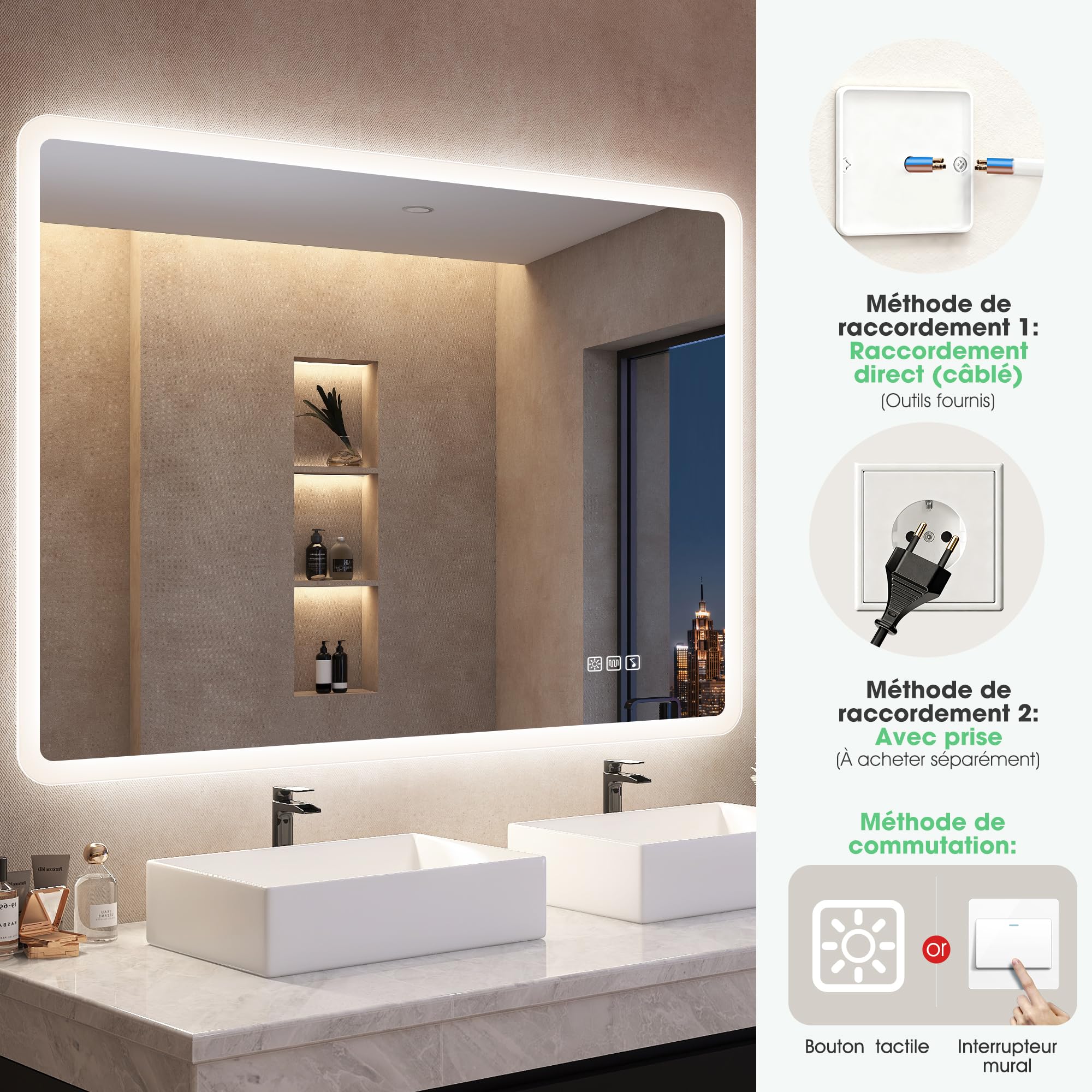 S'bagno Miroir-Salle-de-Bain-avec-Eclairage 120x70cm, Miroir-LED-Lumineux-avec-Bluetooth, Anti-buée, 3 Couleurs, Dimmable, Mémoire, Verre Trempé HD, Étanche IP44, Horizontal/Vertical