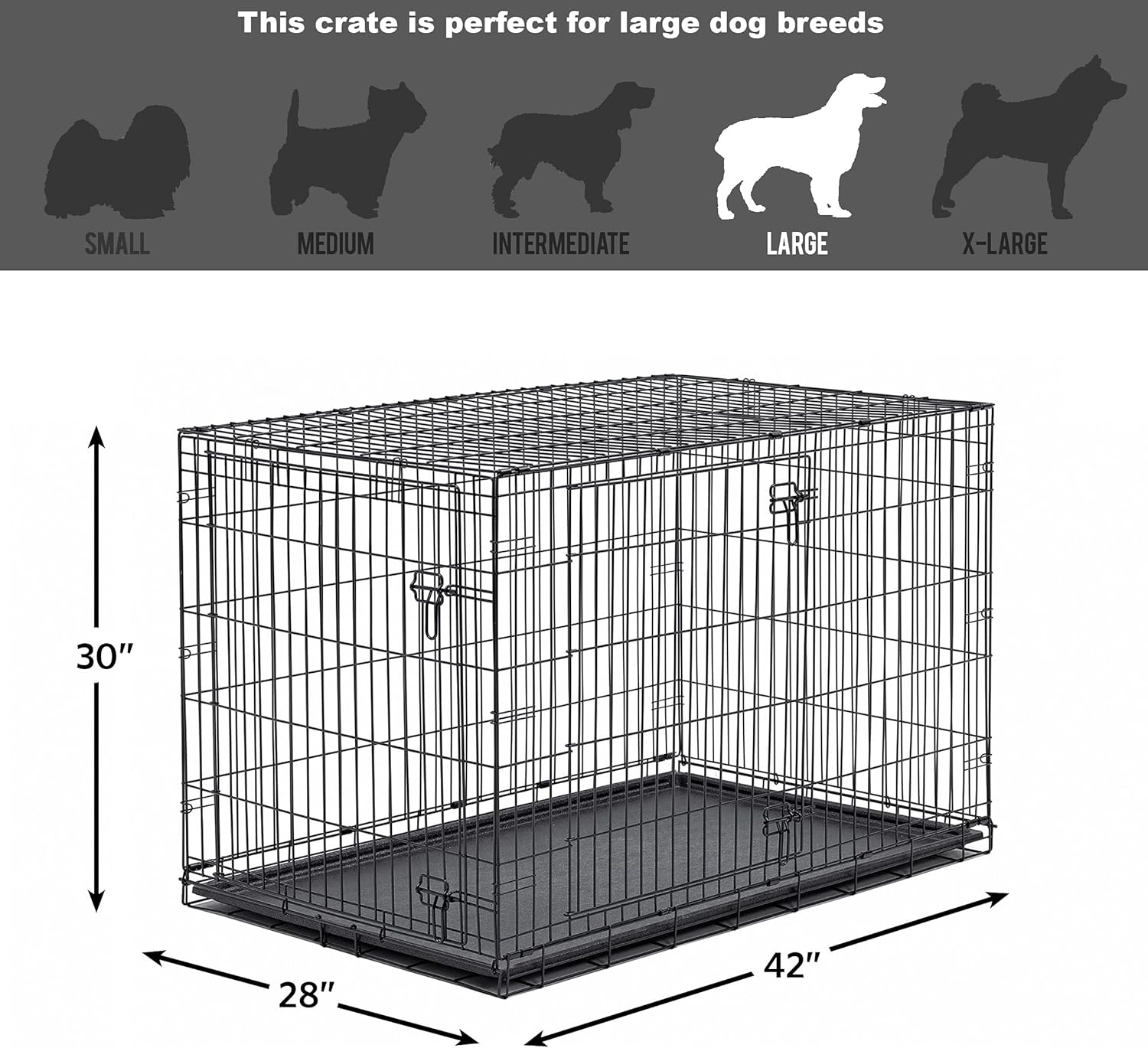New World 42" Double Door Folding Metal Dog Crate, Includes Leak-Proof Plastic Tray; Dog Crate Measures 42L x 30W x 28H Inches, Fits Large Dog Breeds : Pet Supplies