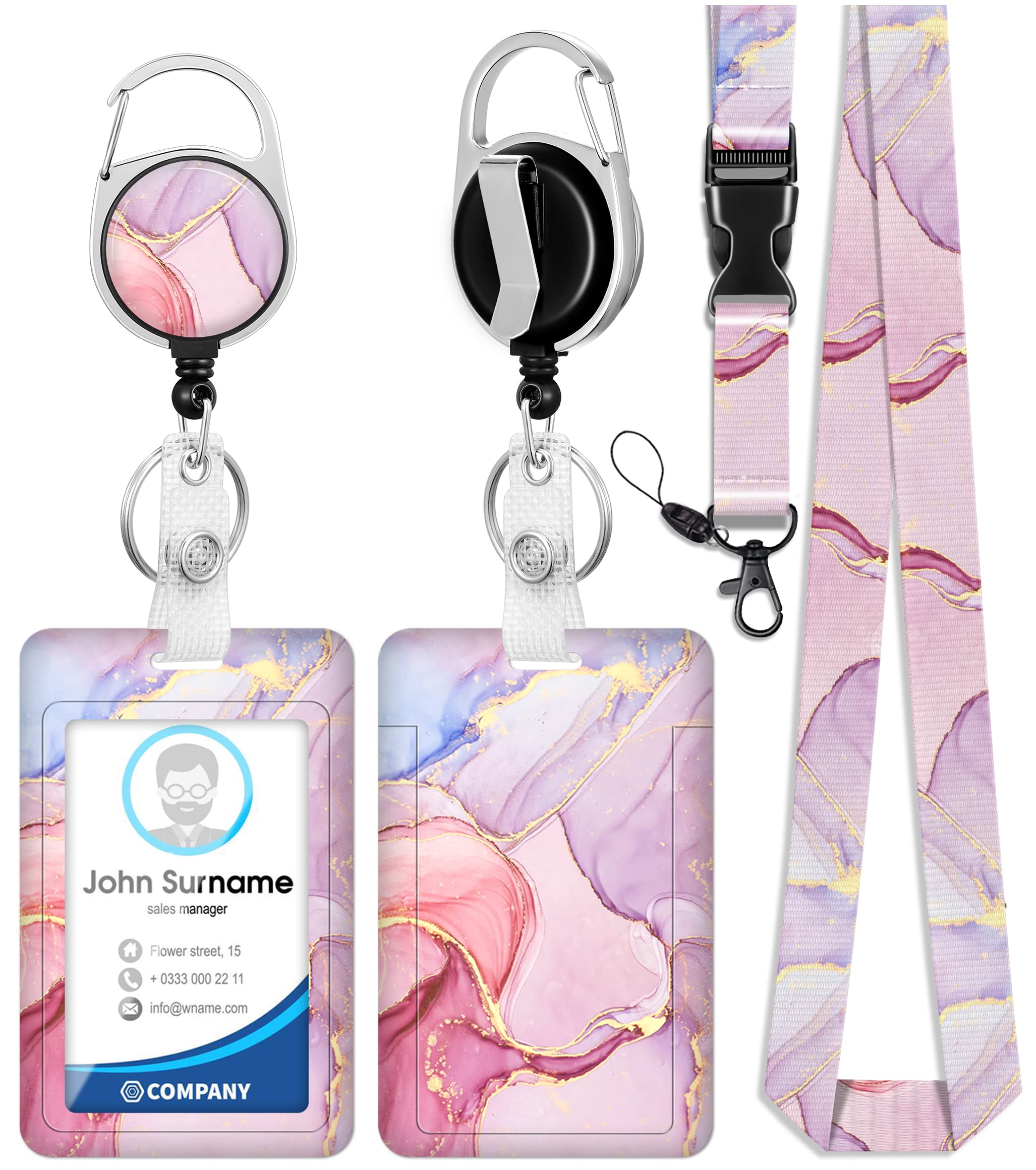 Toykee ID Badge Holder with Lanyard and Retractable Badge Reel Clip, Marble Card Name Tag Lanyard Vertical ID Protector Bage Clips for Women Girls