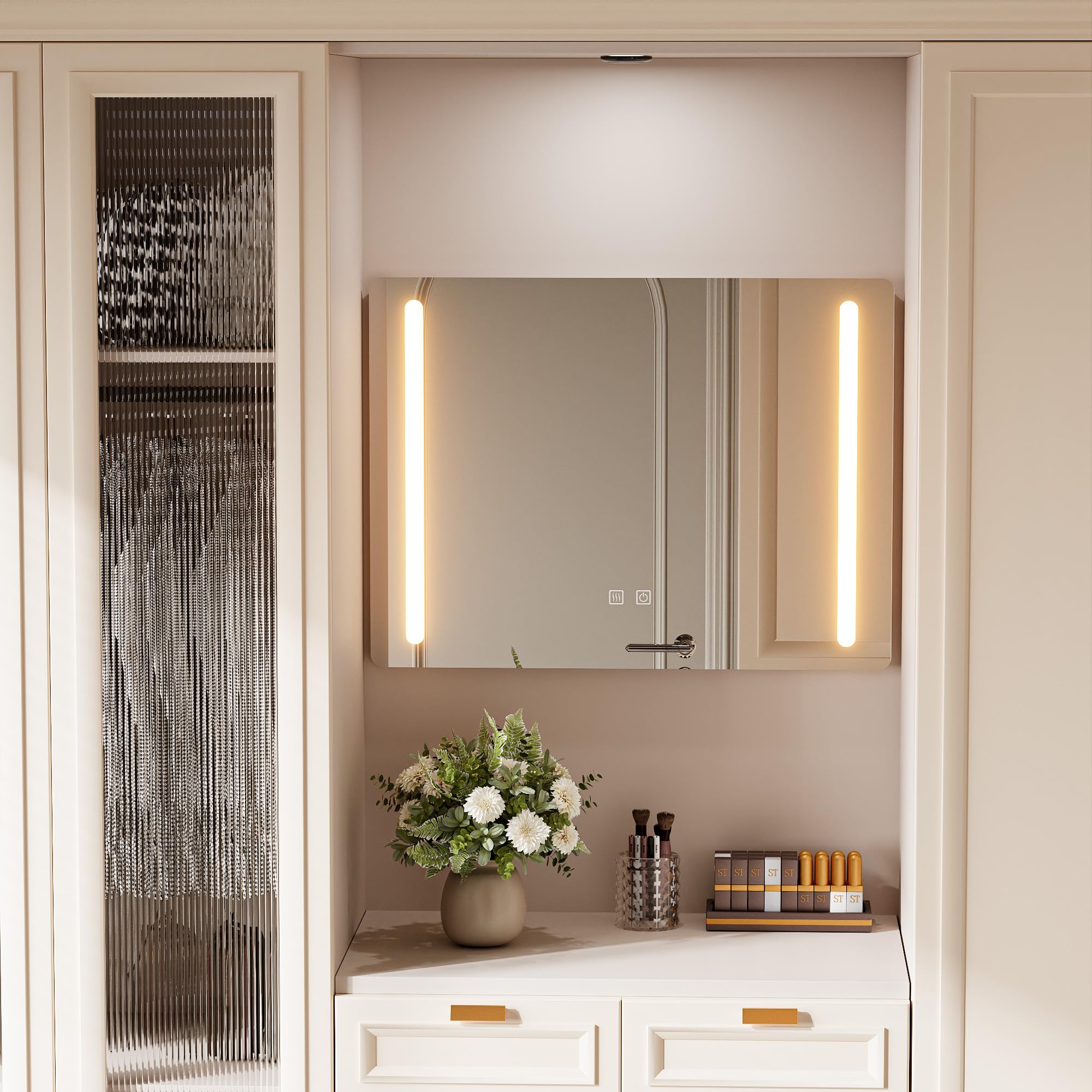 Espejo de baño con luz y antivaho, 80 x 60 cm, rectangular, espejos de pared para baño con LED iluminado, ajustable en 3 colores (enchufe estándar europeo)
