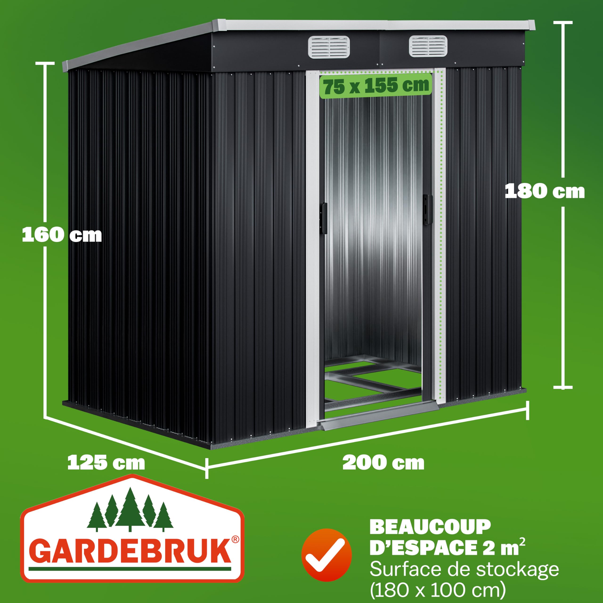 GARDEBRUK® Abri de Jardin métal L 2m² Fondation 200x125x185cm Porte coulissante Anthracite cabane de Jardin cabanon Rangement Outils 3,4m³