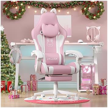 bigzzia Silla Gaming,Silla Gaming ergonómica con Orejas de Gato para niñas y Adultos, Silla de Juegos de Ordenador Ajustable en Altura con reposacabezas y Soporte Lumbar de Masaje (Blanco Rosado)