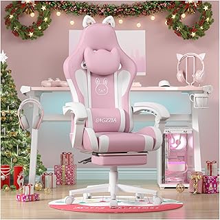 bigzzia Gaming Stuhl mit Massagefunktion und Fußstütze– Ergonomischer Gaming Chair für Mädchen & Erwachsene, Gamer Stuhl Kopf- & Lendenwirbelstütze mit Katzenohren (Rosa-Weiß)