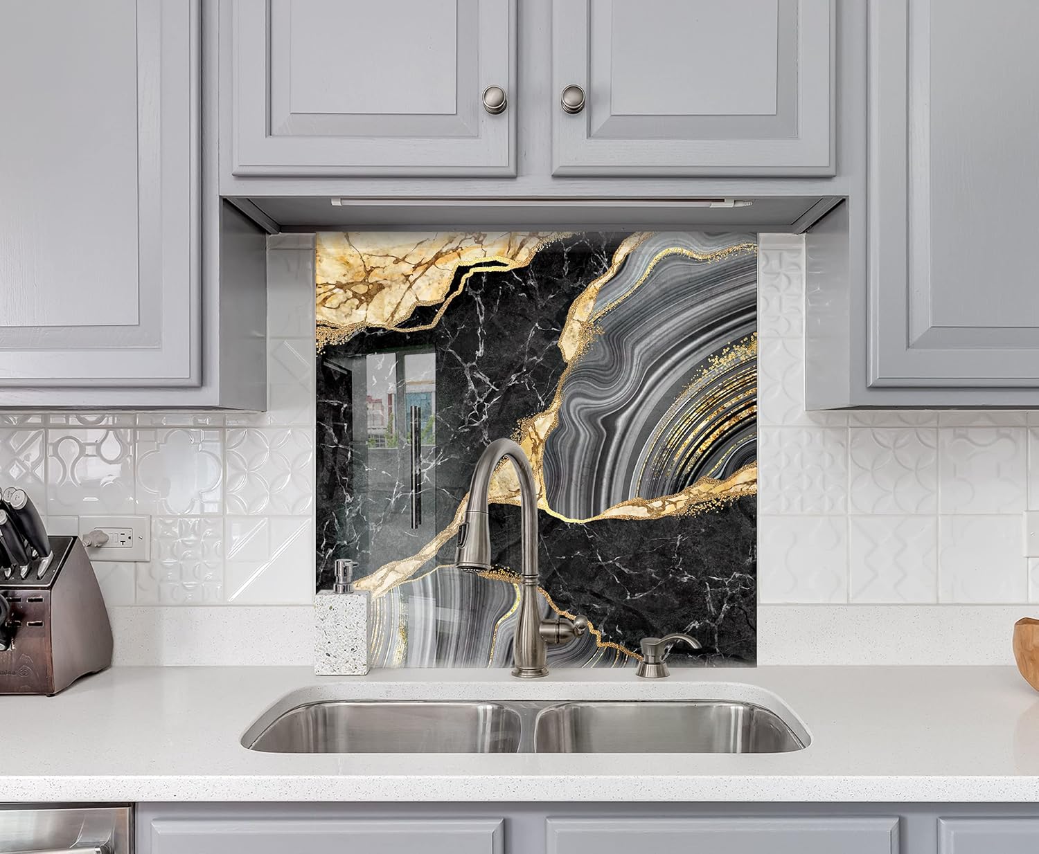 Myphotostation Tempered Glass Splashback 20Wx14H'-Black Golden Backsplash Design Cooker Gold Backsplash Panel Glass Splashback for Bathroom Panel Design Marble Splashback for Stove Kitchen