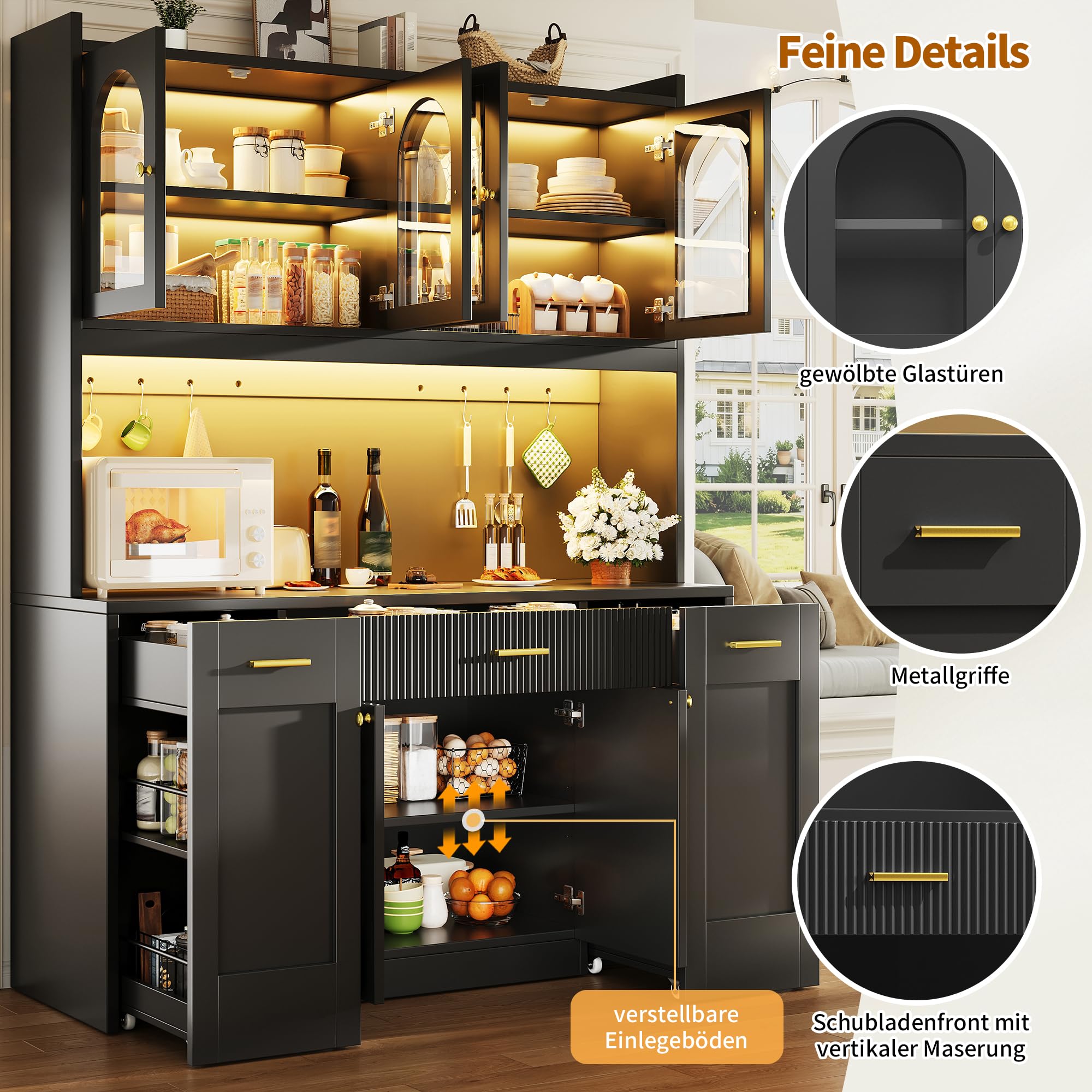 Buffet Cuisine Rangement 120 cm, Armoire de Cuisine Haute Modulable avec LED RGB et App, 3 Vitrines en Verre, Tiroirs, Étagères Coulissantes – Vaisselier Moderne pour Salon, Salle à Manger et Cuisine