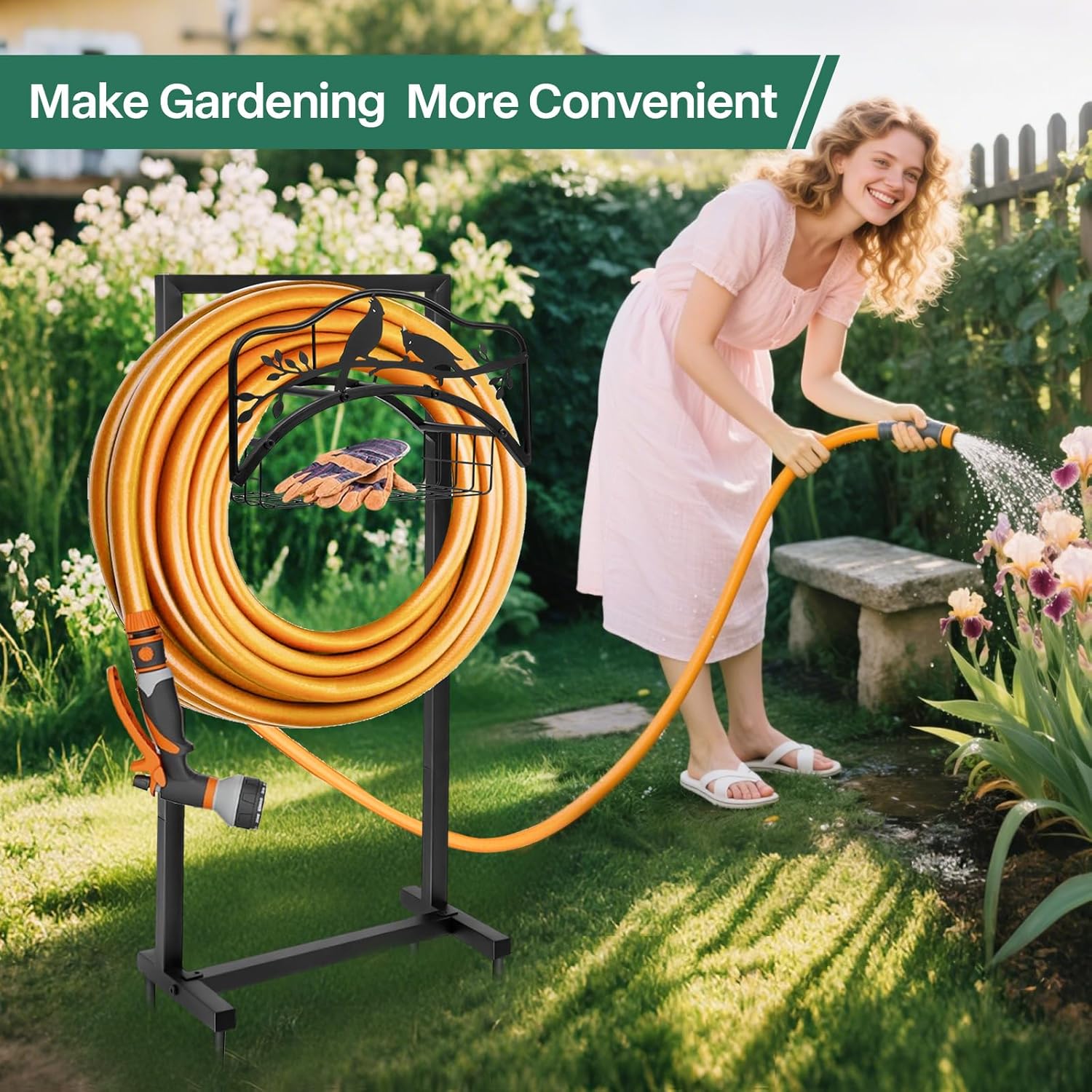 Garden Hose Holder With 4 Spikes, Freestanding Metal Hose Reel for Outside Garden, Detachable Water Hose Hanger Organizer for Yard Lawn