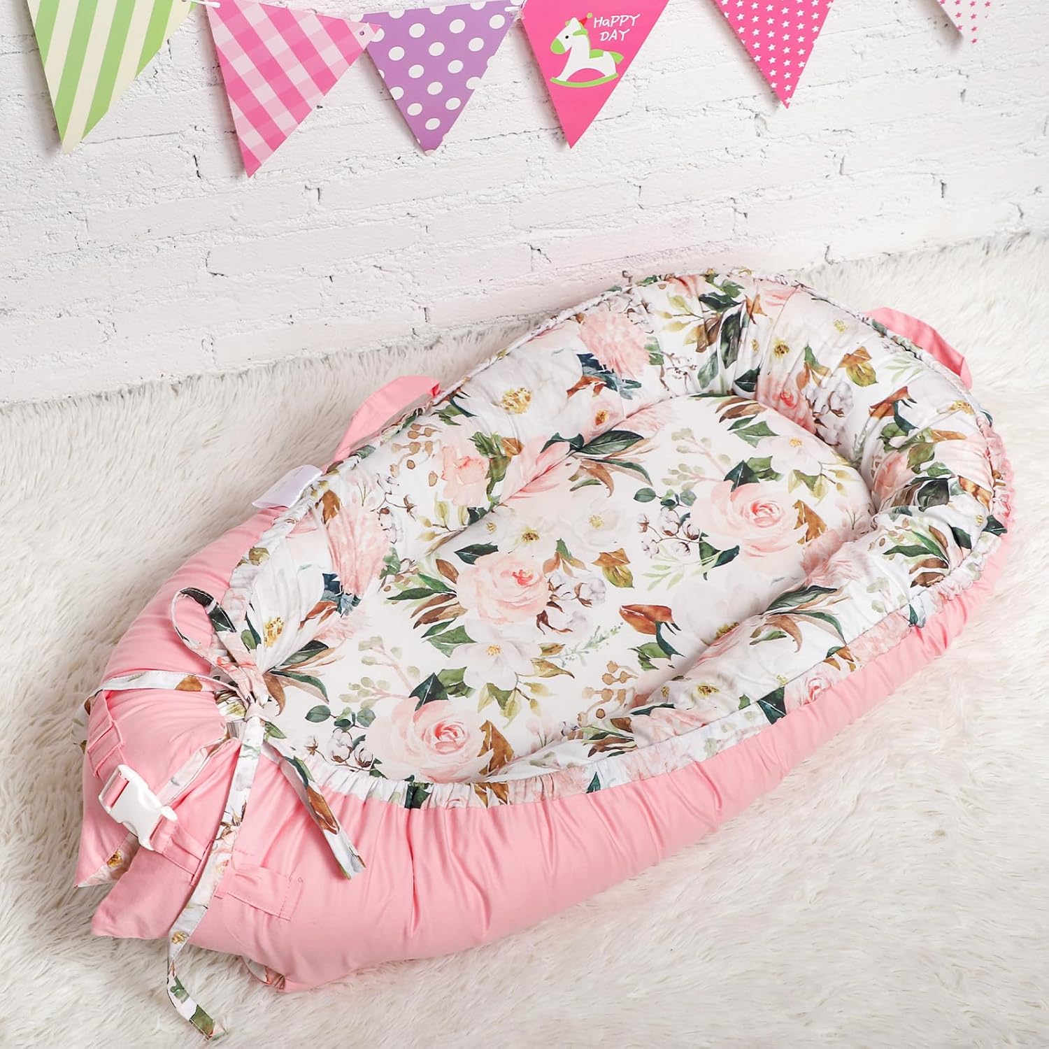 DILIMI Baby Lounger Cover, Cotton Baby Nest Replacement Cover for Girls Boys, Soft Breathable Reversible Newborn Lounger Cover, Pink Floral (Only Cover)