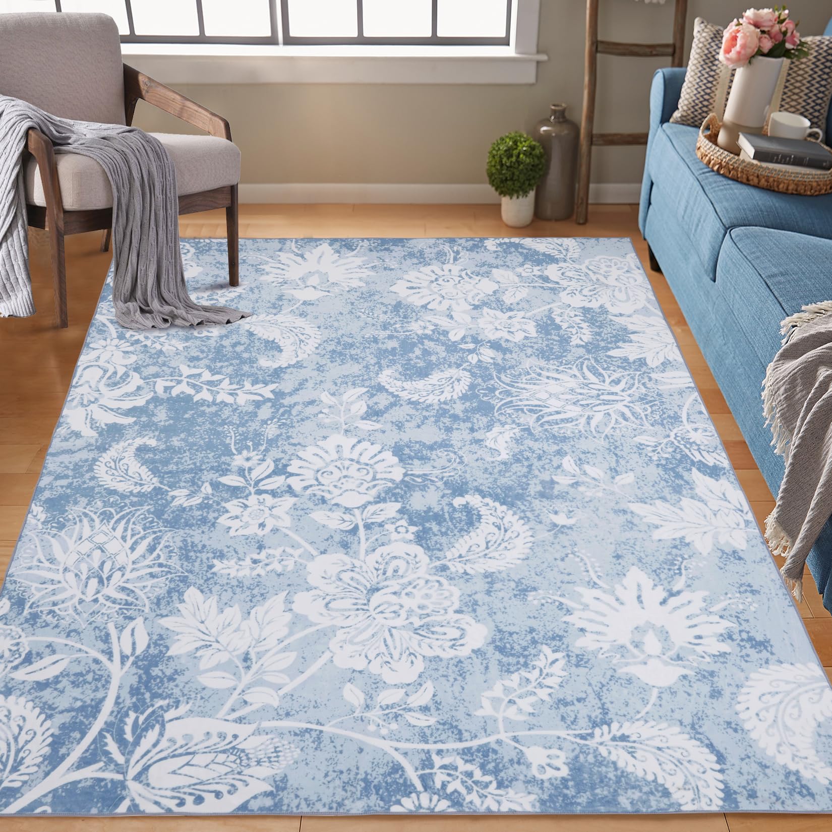 Luxuriöser Blauer Teppich Mit Blumenmuster 40x60 Cm - Rutschfest & Maschinenwaschbar