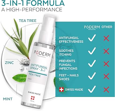 PODERM 3-in-1 Antifungal Spray for Nails, Feet & Shoes | Helps Eliminate 99.9% of Foot Fungus & Bacteria in 1 Hour | Tea Tree, Zinc & Mint | Swiss Made | Developed by a Podiatrist
