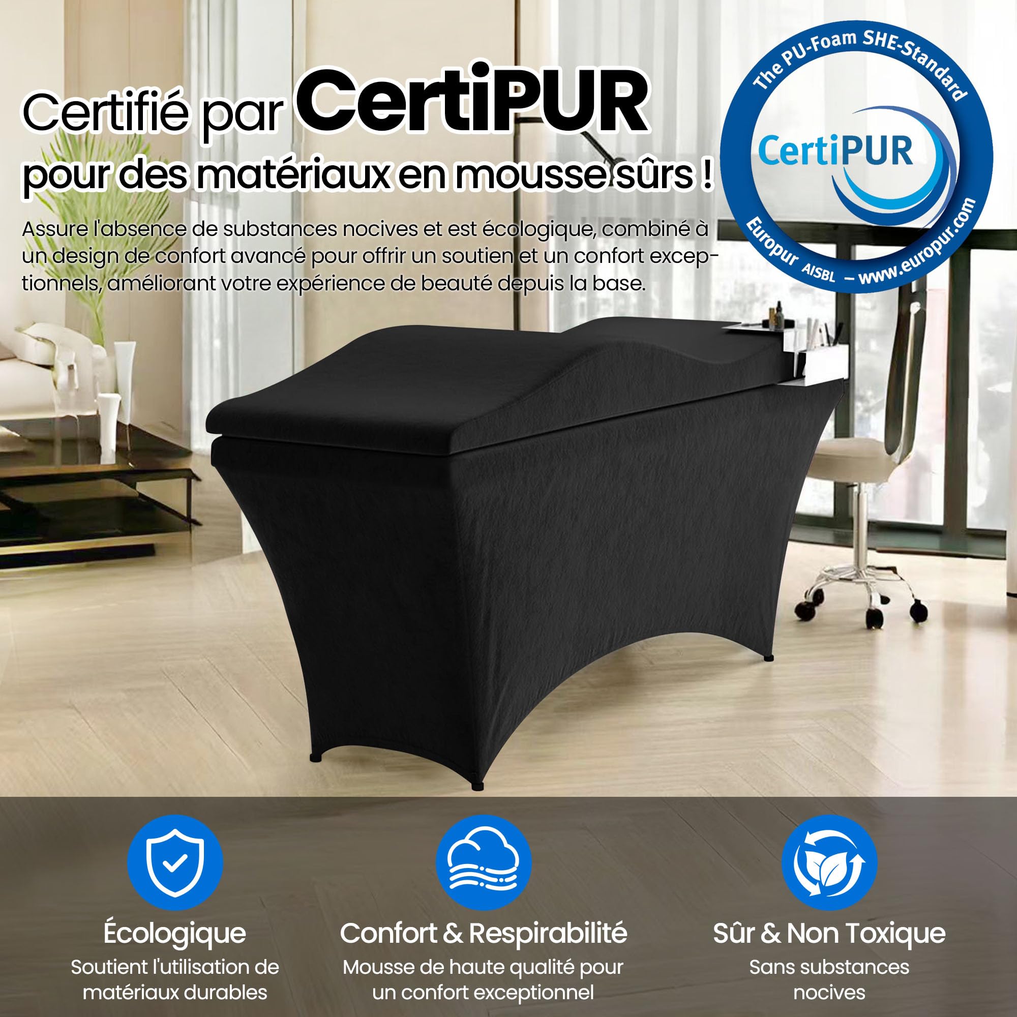 Surmatelas ergonomique incurvé en mousse à mémoire de forme pour table de massage salon de beauté (noir, 180 x 70 cm)