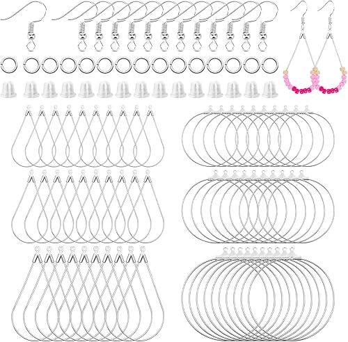 Miniatura 8 de Juego de 360 aros de cuentas para hacer joyas, con aros redondos de lágrima, anillos de salto abiertos, ganchos y respaldos para aretes, suministros