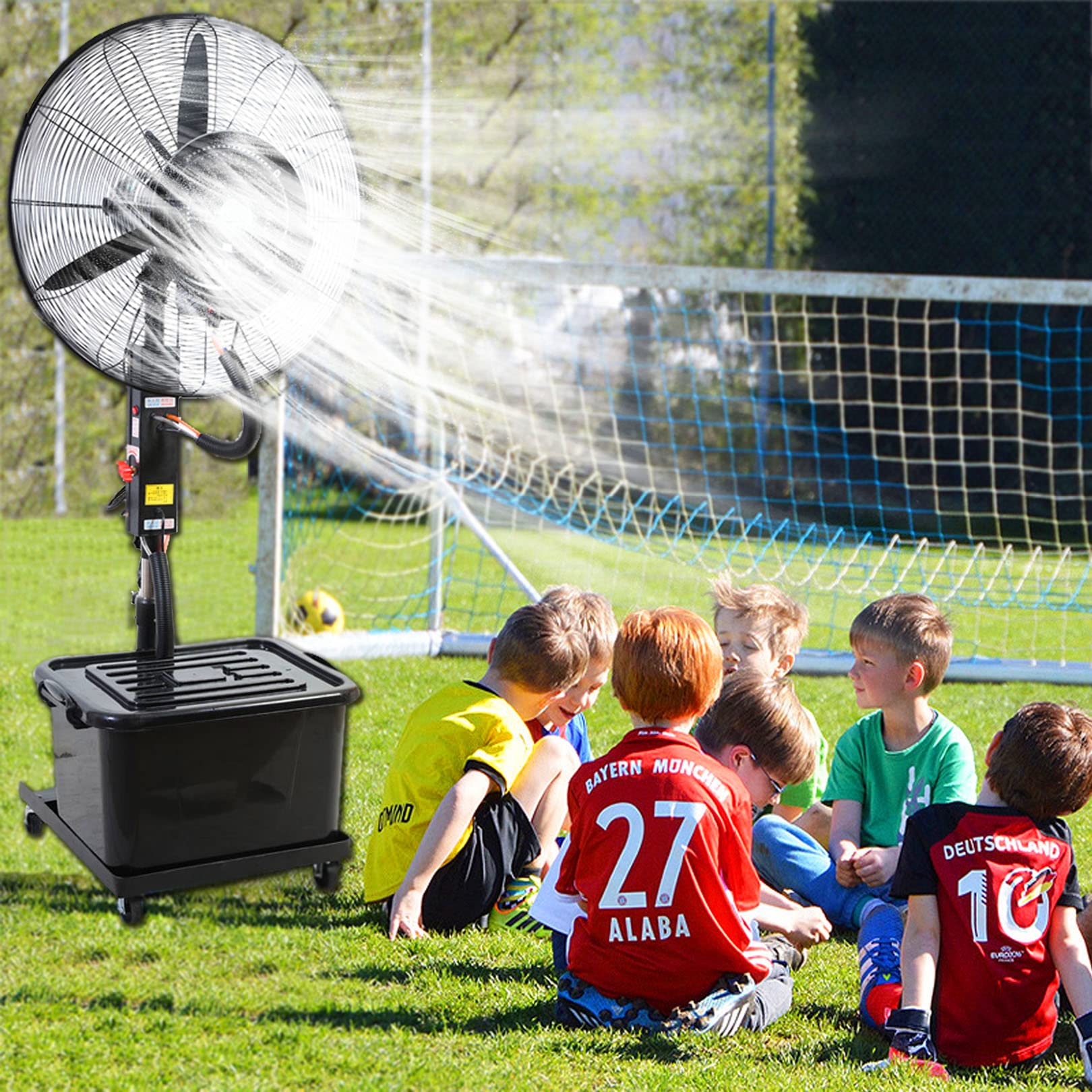 HPTHLY 90° Oscillating Pedestal Fan With Mist, Outdoor Fan Misters For Cooling, 9 Gallon Tank, 3 Power Settings, Height Adjustable - Workshop Garage Commercial (71Cm/28In)