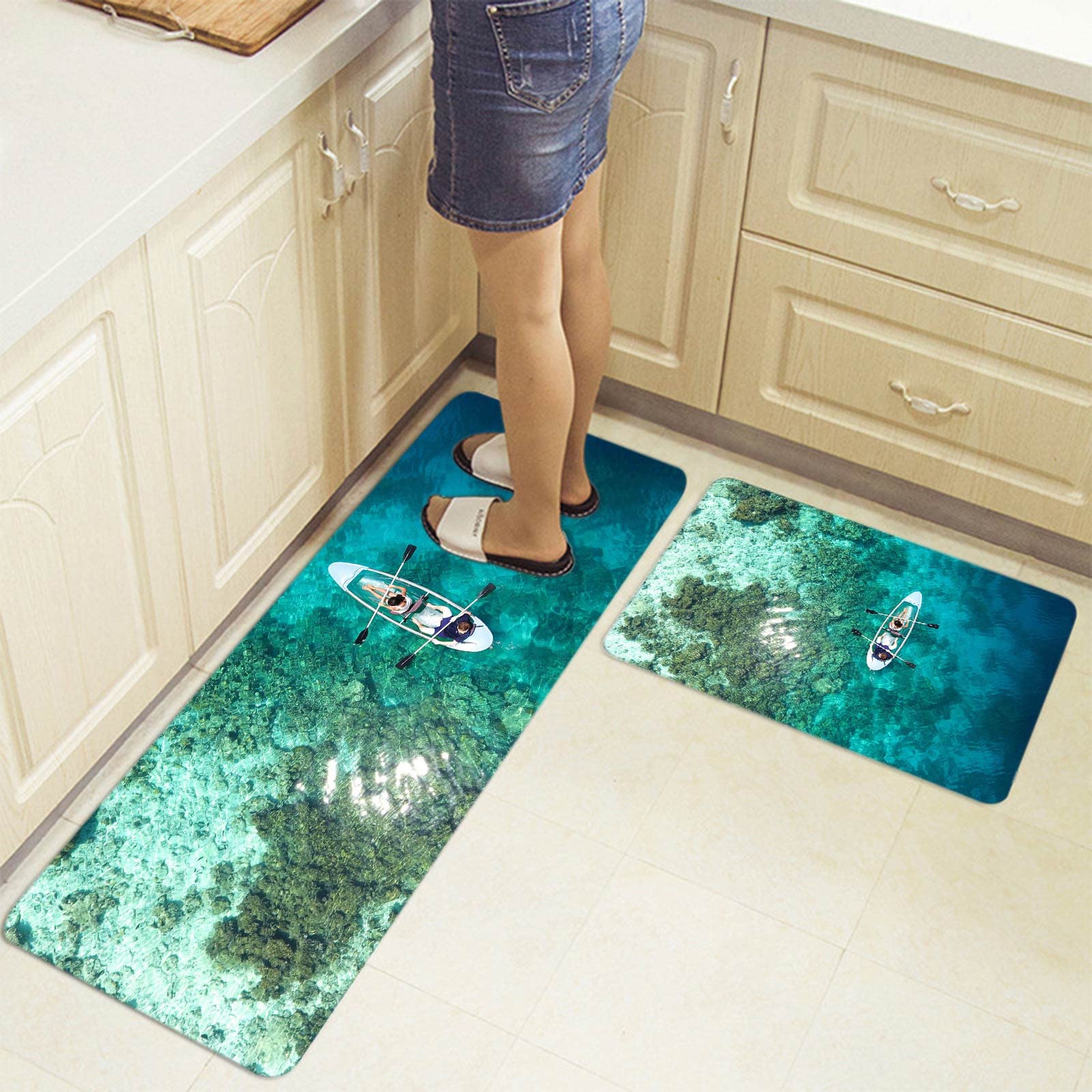 Tappetino Cucina Lavabile, Zerbino Personalizzato Ingresso Casa Verde Mare e Barca a Remi 50X80cm+50X160cm Ideale per Interni Domestici