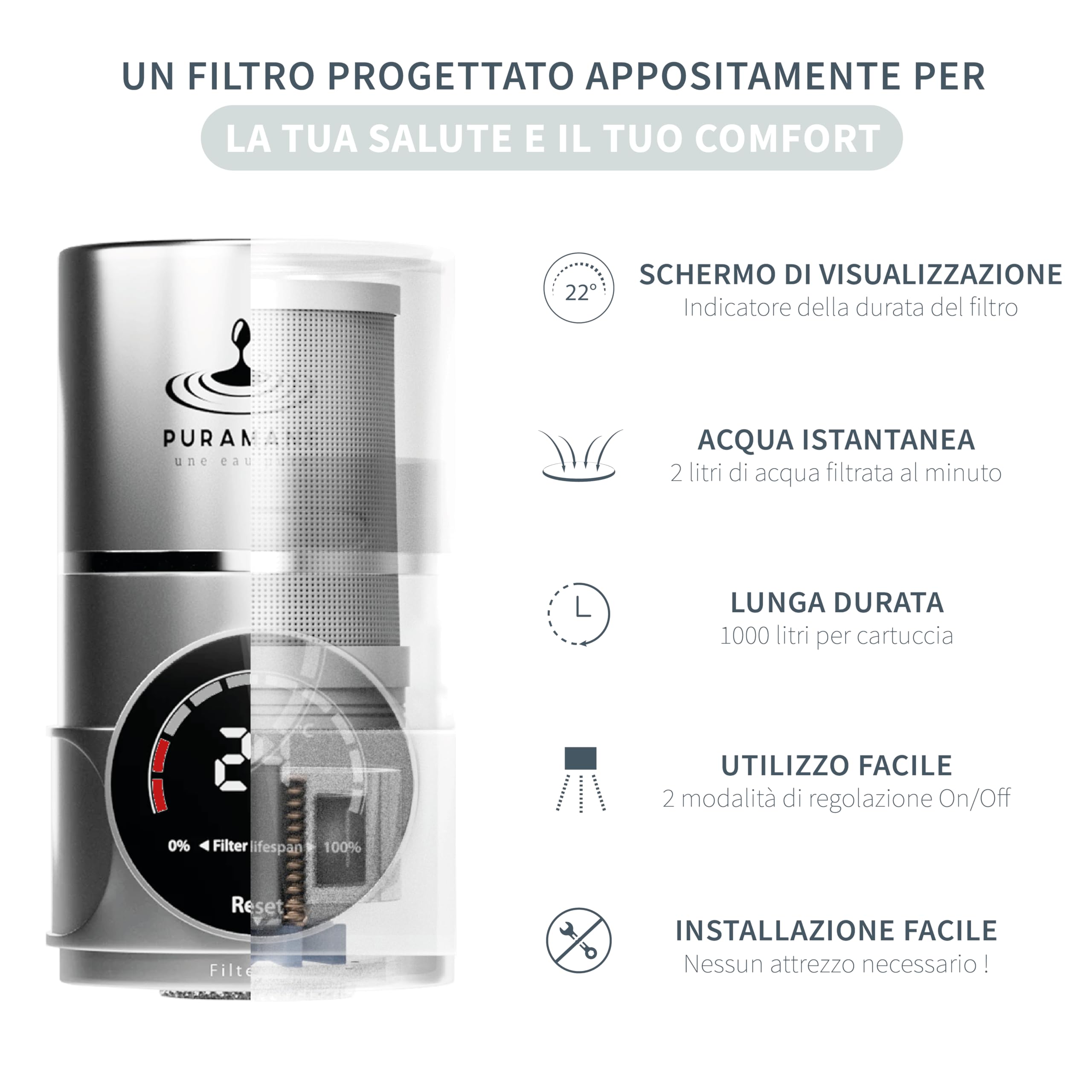 Filtro Acqua Rubinetto cucina, purificatore acqua, filtri carbone attivo, tecnologia UV, multi-stadio, schermo LED, filtrazione istantanea anti calcare (sistema + 1 cartuccia filtrante)