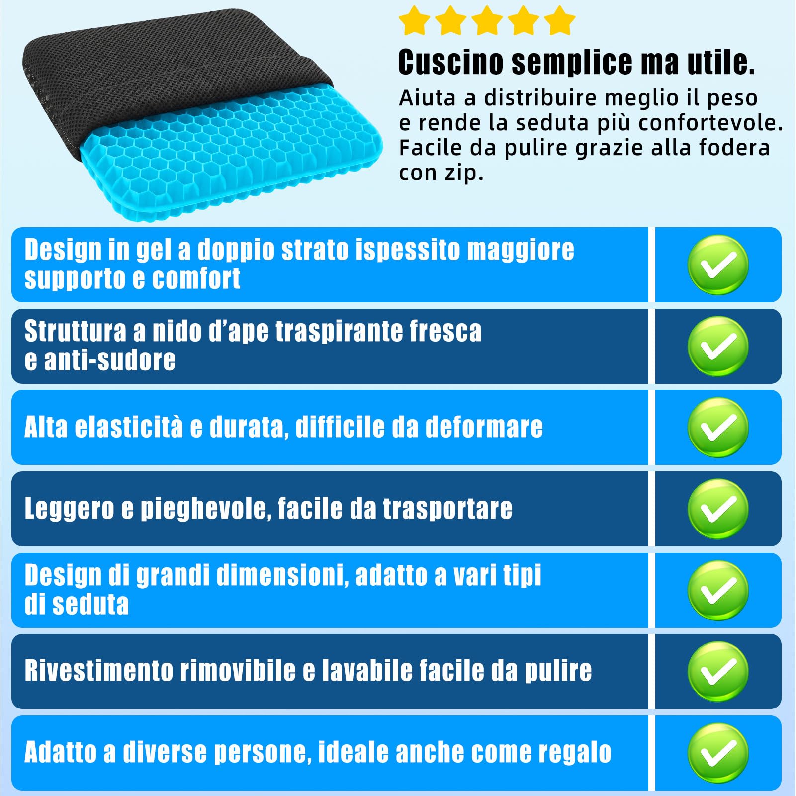 Cuscino Sedia Ufficio、Cuscino Gel Sedia-Questo è Cuscino Antidecubito per Sedia a Rotelle Dotato di Fodera Rimovibile e Lavabile.Adatto per Ufficio,Auto e uso Domestico (Azzurro cielo, 42cm*39cm*4cm)