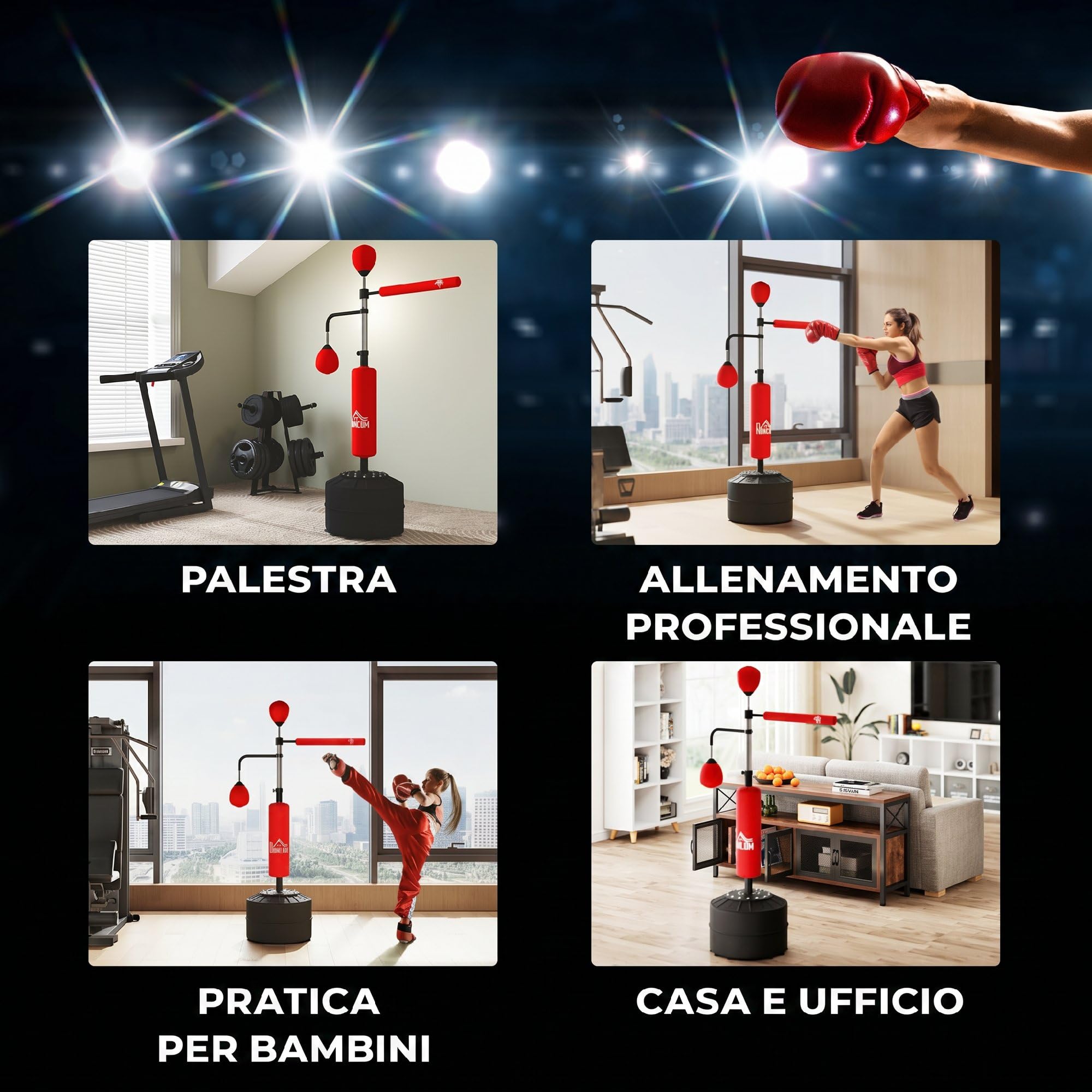HOMCOM Sacco da Boxe da Terra 4 in 1, Sacco per Pugilato da Terra con 2 Speedball, Barra Girevole per Riflessi, Altezza Regolabile da 160-230cm, per Palestra Casa MMA Thai Adulti