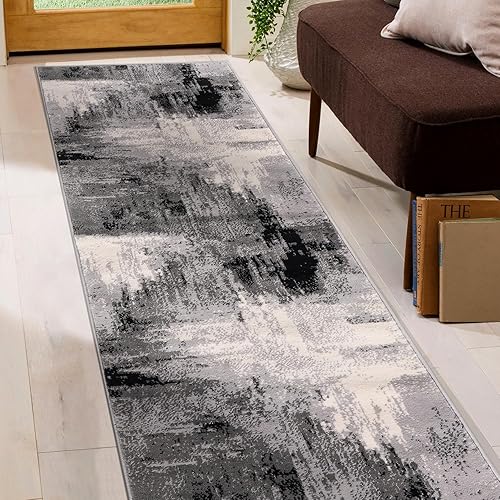 Miniatura 6 de Rugshop Basel - Alfombra de pasillo suave, resistente a las manchas, diseño abstracto, contemporáneo, 2 x 7 pies, color negro
