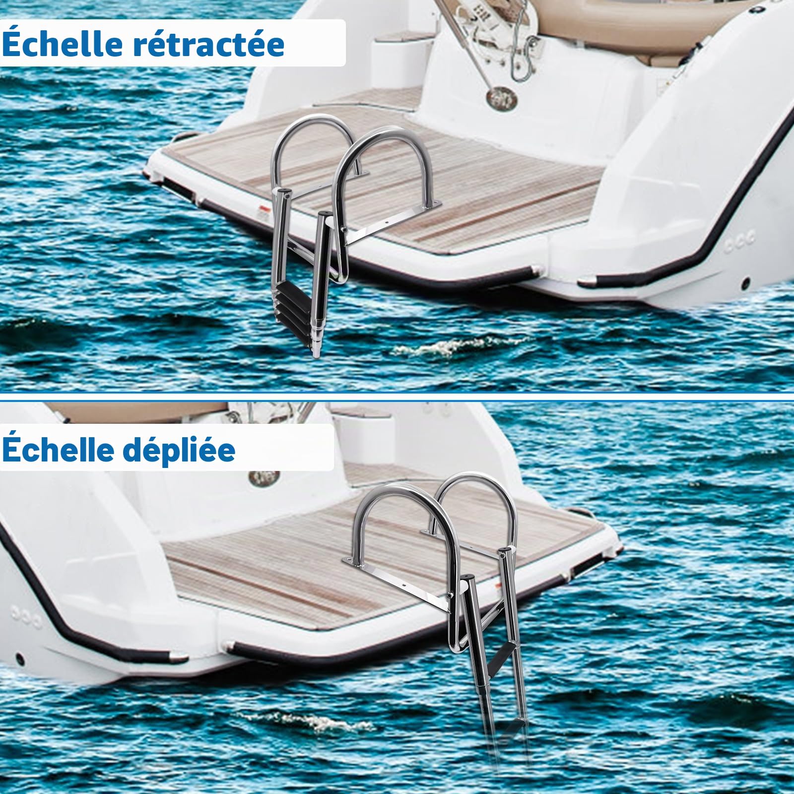 KAOLALI Échelle de bateau 4 marches Échelle de piscine en acier inoxydable, échelle de bain pour bateau pliable télescopique avec grandes poignées et larges échelons Capacité de charge 227 kg pour