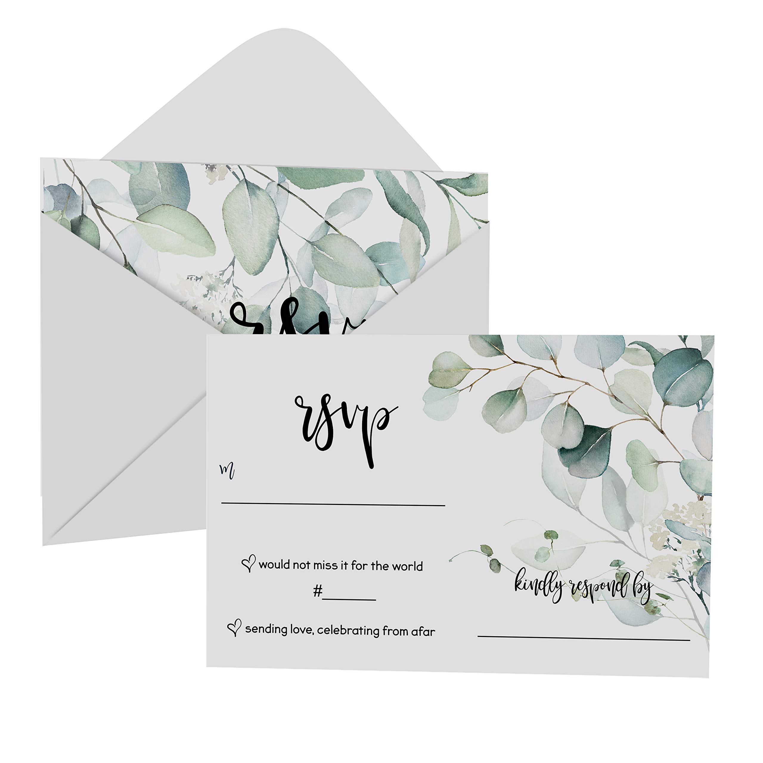 Greenery Response Cards and Envelopes (25 Pack) RSVP Wedding Invitation Insert for Bride - Country Floral Party Supplies - Engagement - Bridal Shower - Baby Shower - Graduation - Special Events