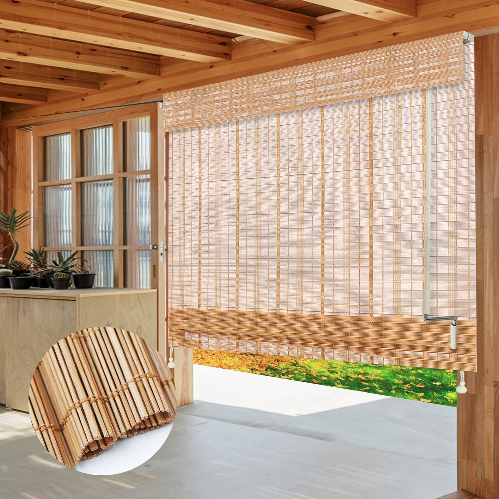 Outdoor Blackout Blinds Cordless Shade, Custom Bamboo Shades Window Blind, Natural 100% Bamboo and Linen Blinds for Windows, Patio, Color 2803W