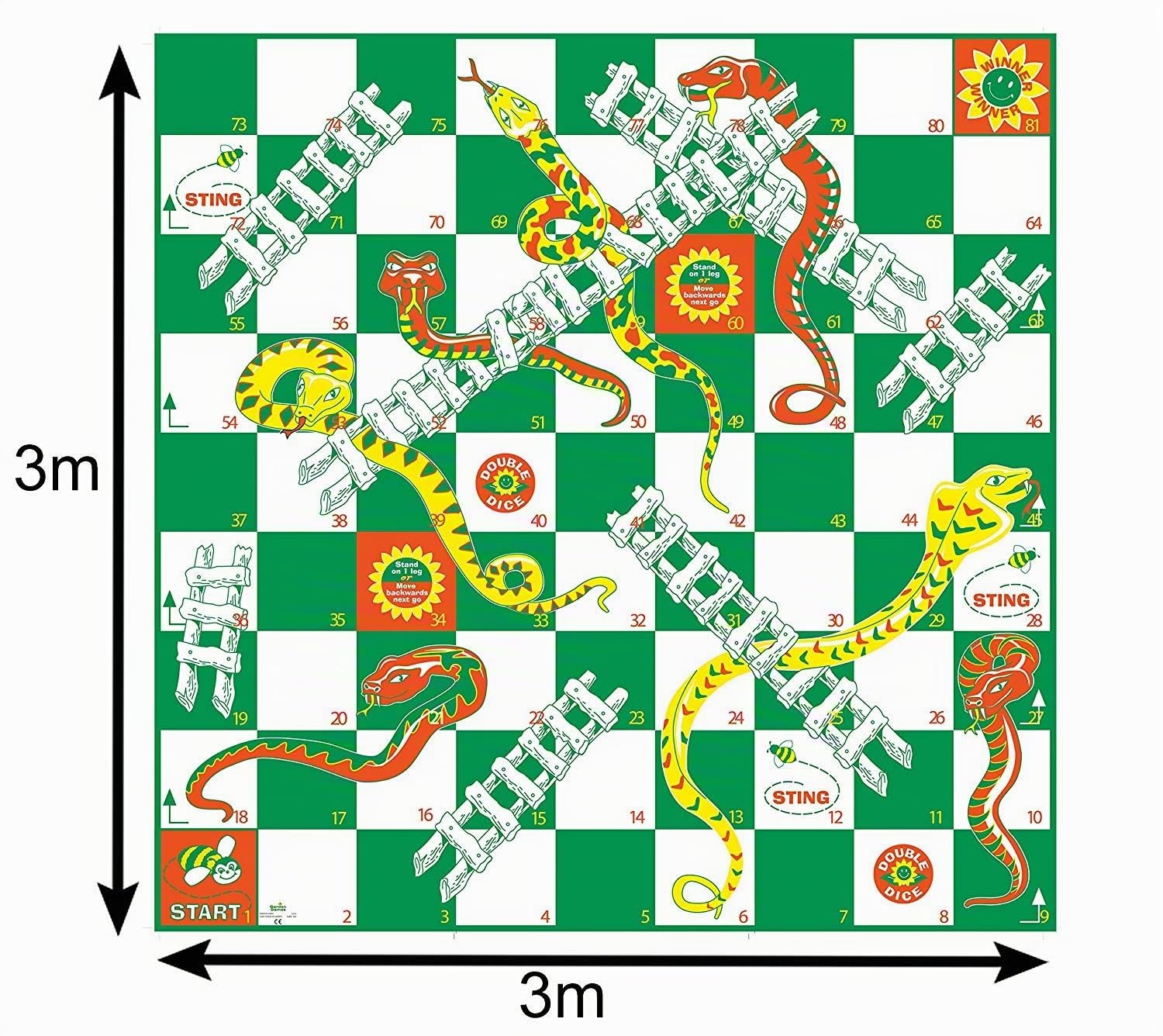 Big Game Hunters Riesiges Schlangen- und Leiterspiel für den Boden mit 3 x 3 Meter großer PVC-Matte und aufblasbaren Würfeln für Spieler Aller Altersgruppen – Riesige Brettspiele