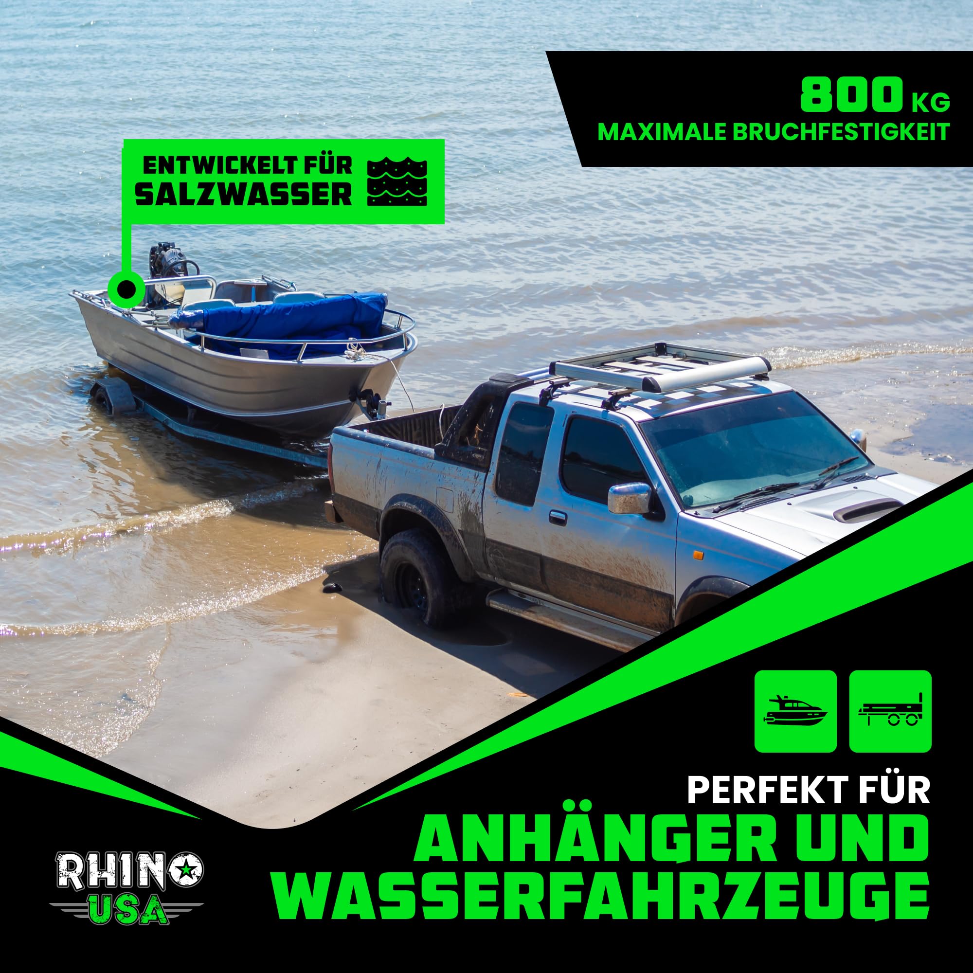 Rhino USA Einziehbare Bootsanhänger-Gurte (2er-Set) 5cm x 1,1m 1.300kg | 1.300kg Boots-Spanngurte für Anhänger. Robuster Edelstahl, Einziehbar & Salzwasserbeständig für Salzwasser-Einsatz.