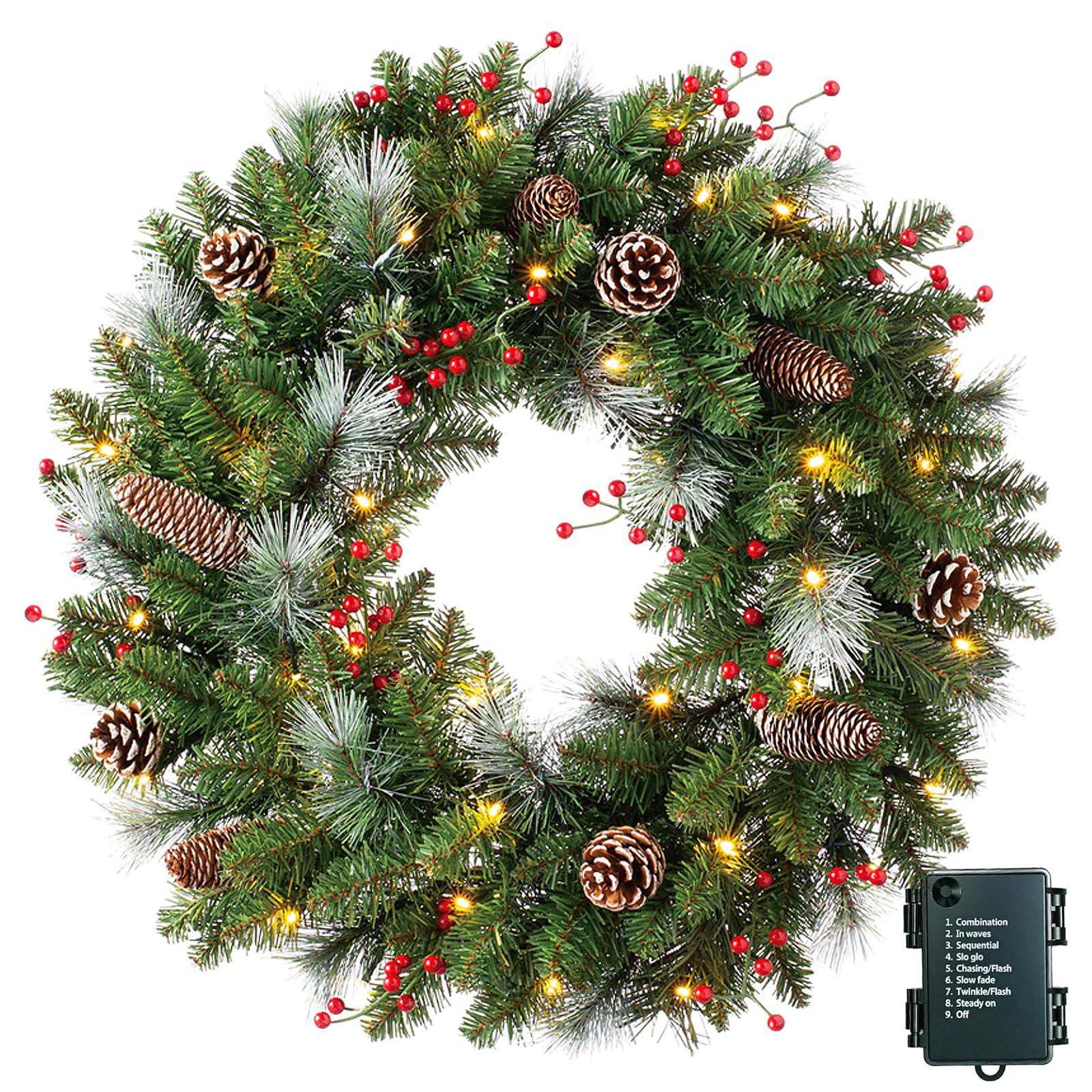 40CM Türkranz Weihnachten,Weihnachtskranz Haustür mit 30 LEDs,Weihnachtskranz mit Laterne, Kugeln, Beeren & Schleifen, weihnachtstürkranz, Weihnachten Dekor