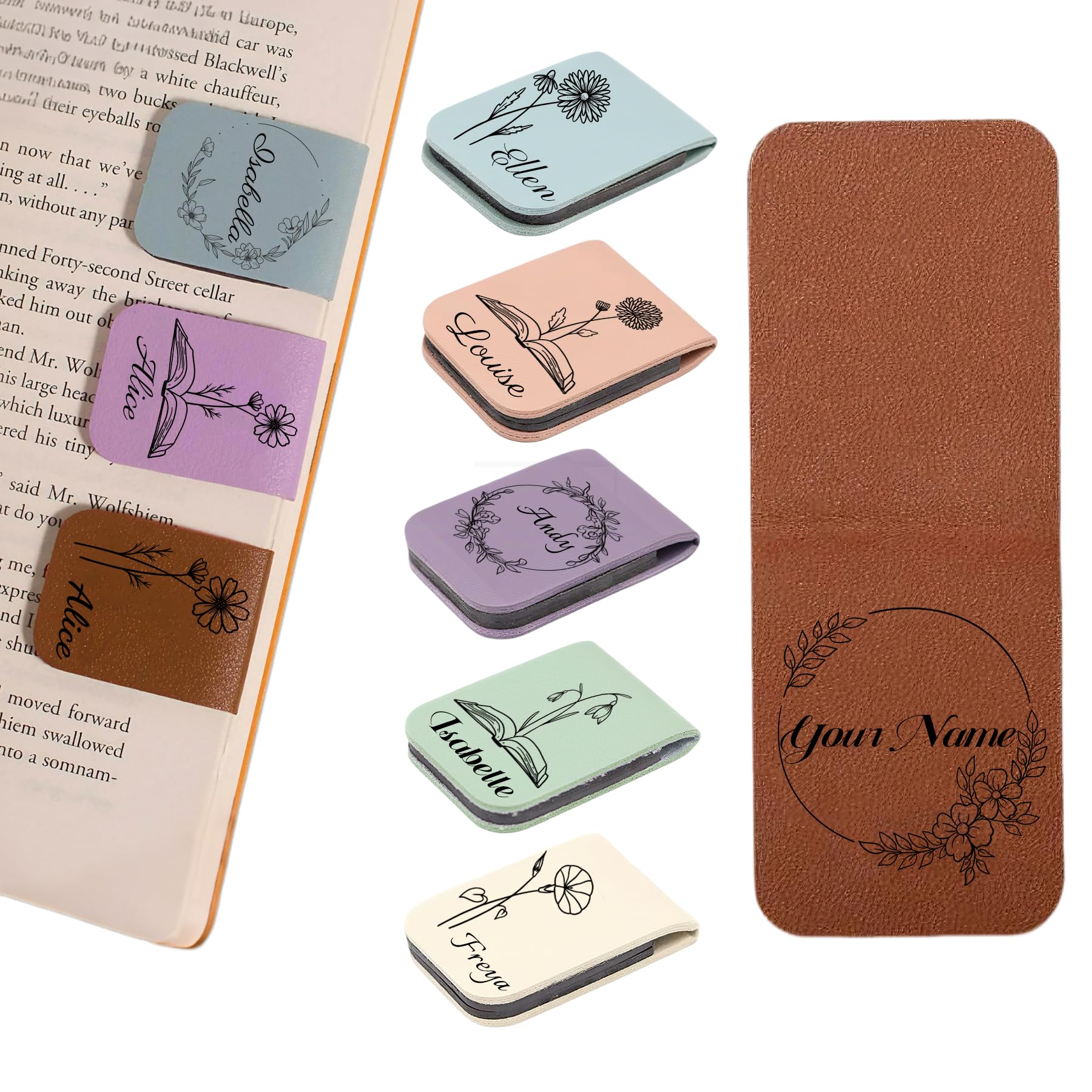 Personalised Magnetic Leather Bookmark with Name Birth Flower, Custom Leather Book Marks for Books, Journals & Bibles, for Women and Men's Birthdays, Book Lovers, Teacher, Valentine's Day (C)