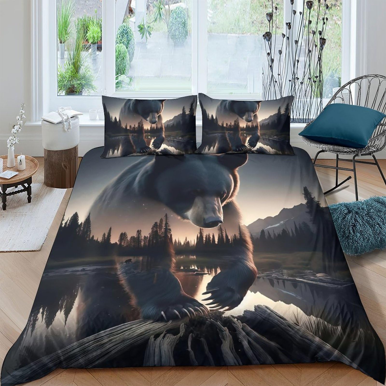 Tyuiopasdfg Colorful-1 Outdoor Enthusiast Bear Duvet Cover Set Microfiber 3 Piece Scenic Bedding Set Soft For Nature Lovers Double（200X200cm）