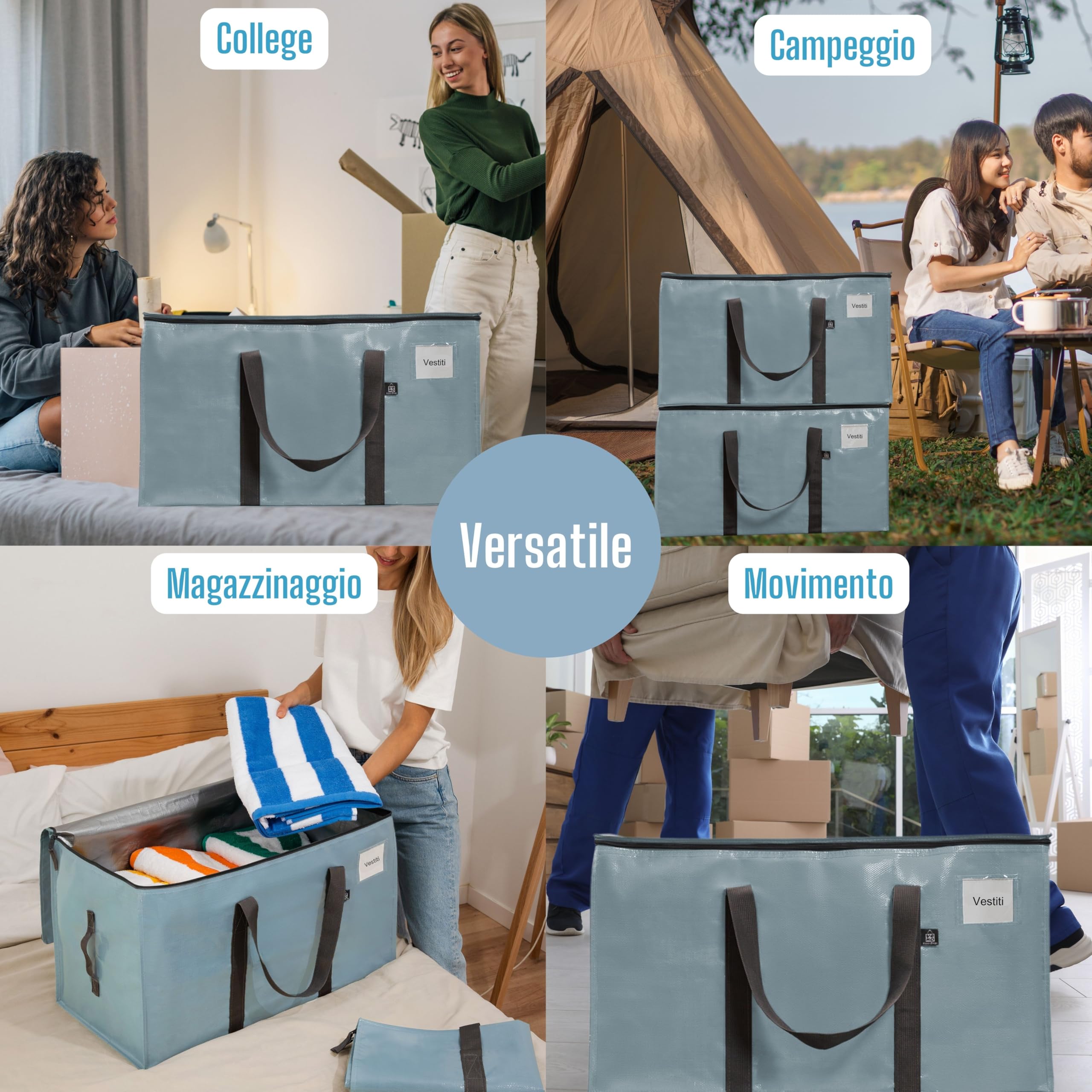 VENO Set da 4 Borse per traslochi extra grandi con cerniere e maniglie per il trasporto, scatole trasloco resistenti per risparmiare spazio (Azzurro, Set da 4)