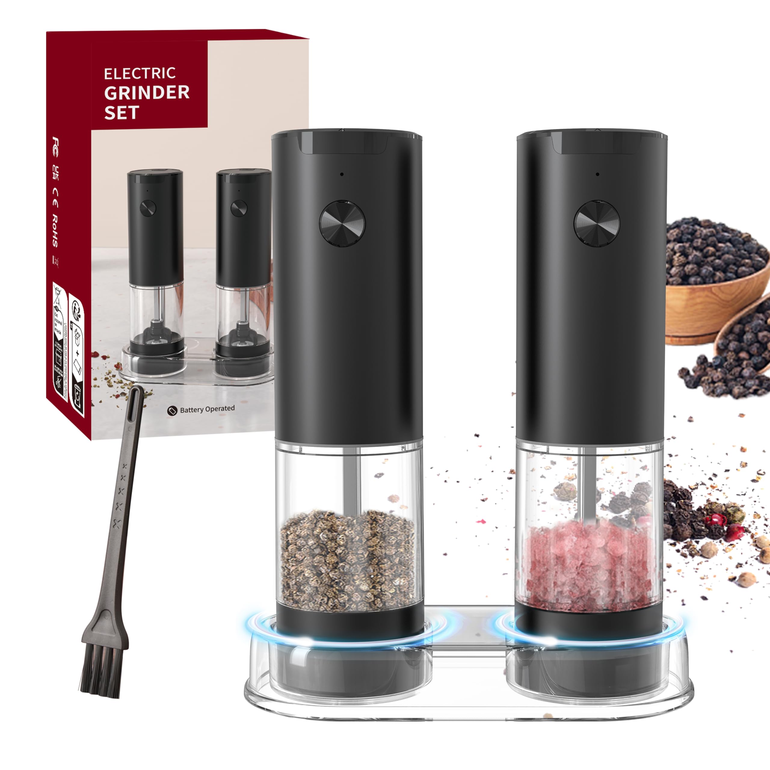 Electric Salt and Pepper Grinder 2 Pcs Set Battery Operated, Automatic Salt and Pepper Mills,Transparent visual silo, Adjustable Coarseness,One Handed Operation with LED Light and Base