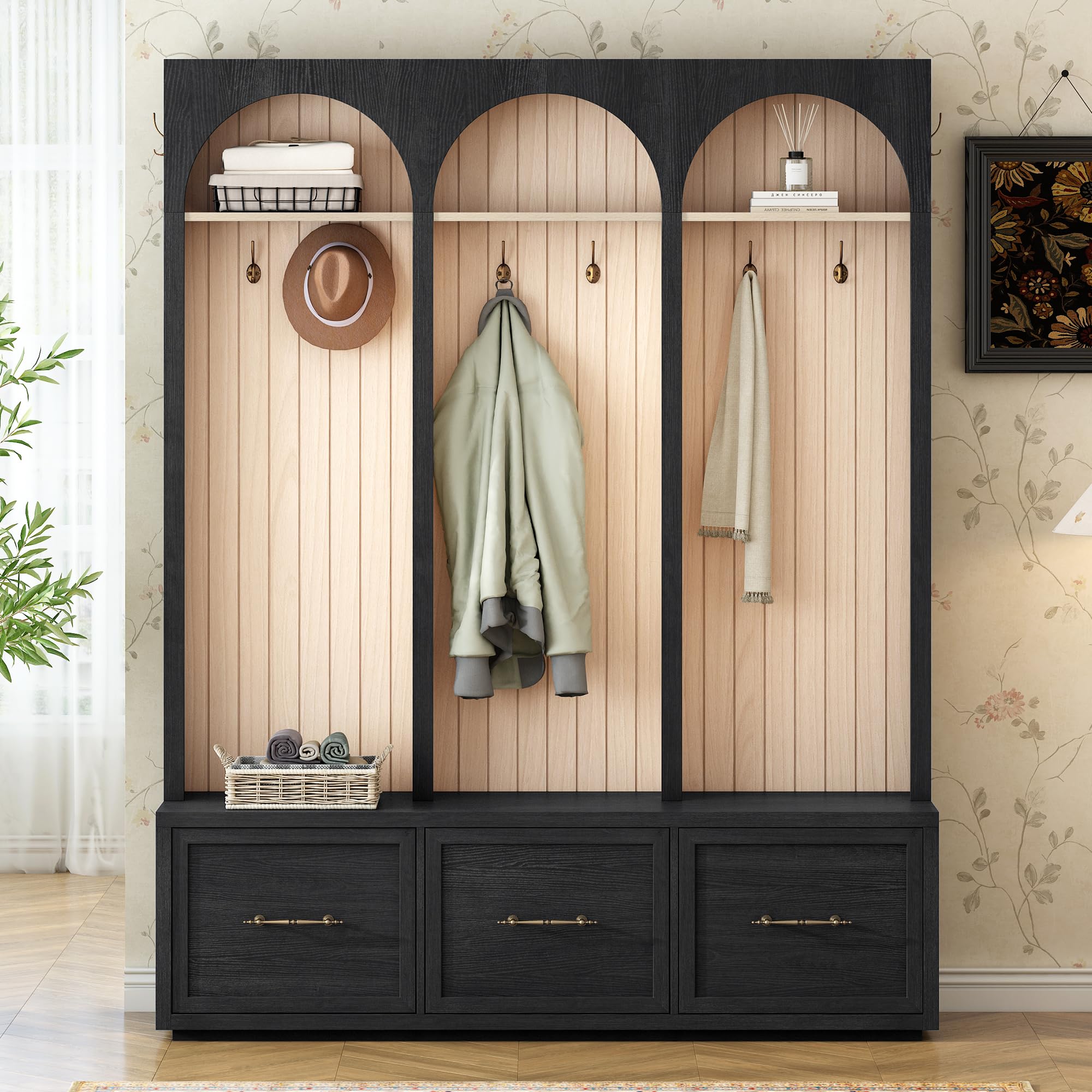 Amazon.com: Merax Farmhouse Wood Hall Tree with 8 Hooks and Shoe