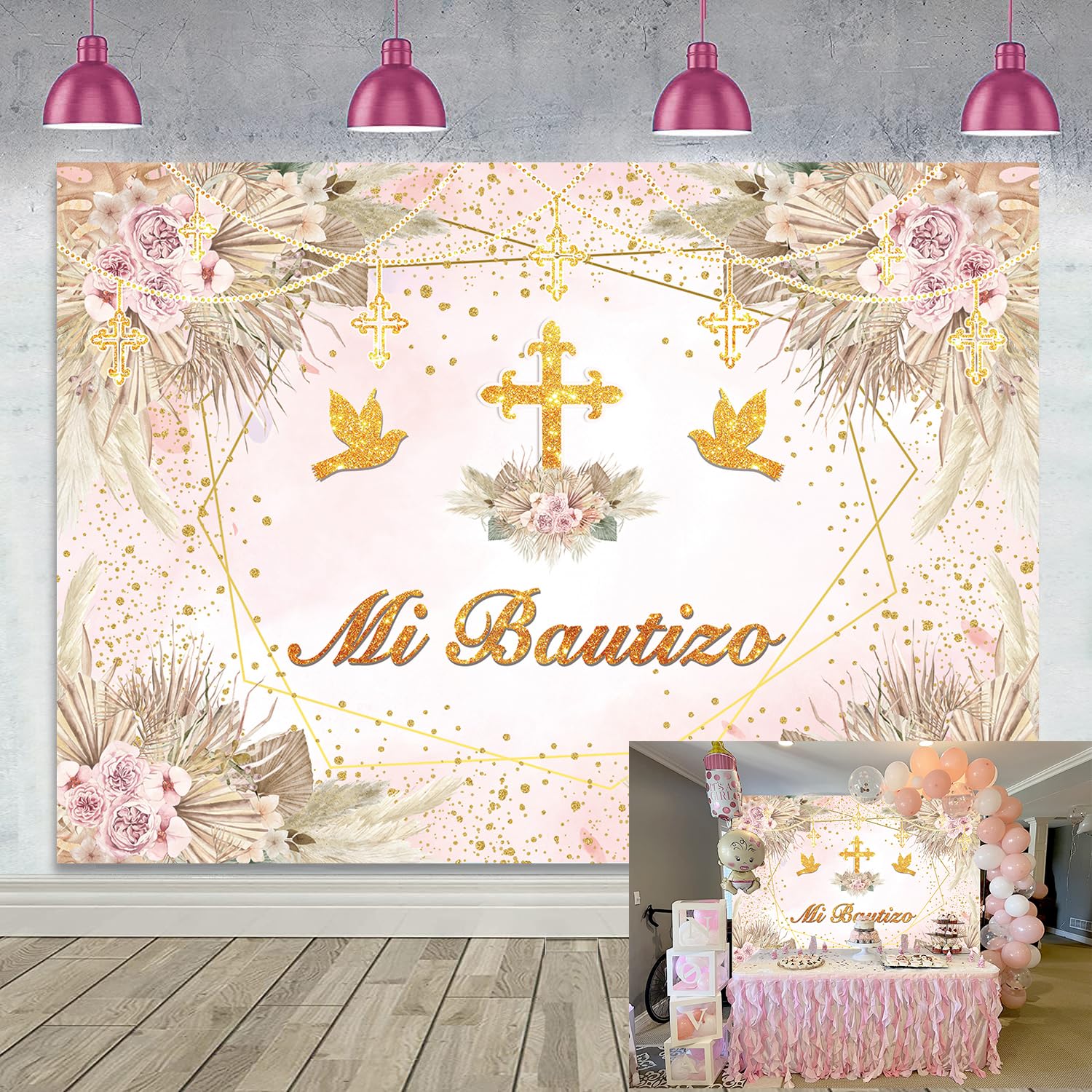 Mi Bautizo Backdrop Boho Baptism God Bless First Holy Communion Party Background for Girl Pink Floral Christening Newborn Baby Shower Banner Photo