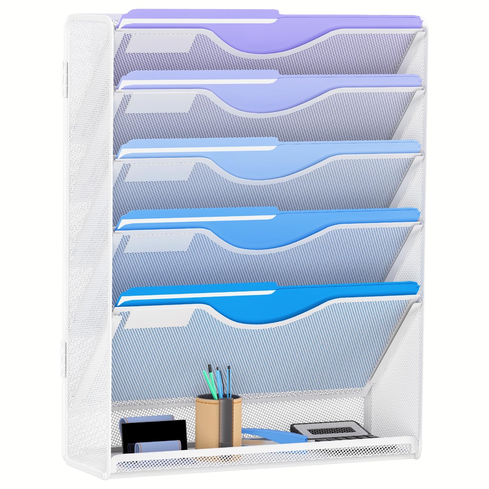 Gawerk 6 Tier Hanging File Organizer, Mesh Wall File Holder Paper Folder Rack with Bottom Flat Tray for Office Home, White